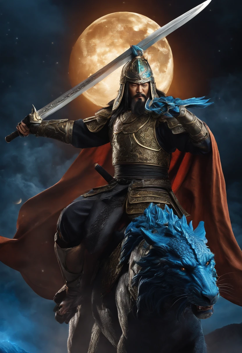 Guan Yu held the Blue Dragon Moon Saber,riding a sweaty BMW。majestic-looking。 three sided view, Sony FE, hyper HD, A high resolution, 8K