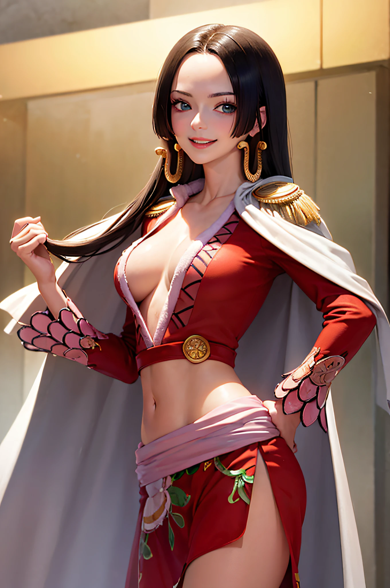 (masterpiece, best quality:1.2), cowboy shot, solo, 1girl, boa hancock, smile, looking at viewer, hand on hip, cape, epaulettes, cleavage, jewelry, earrings, midriff