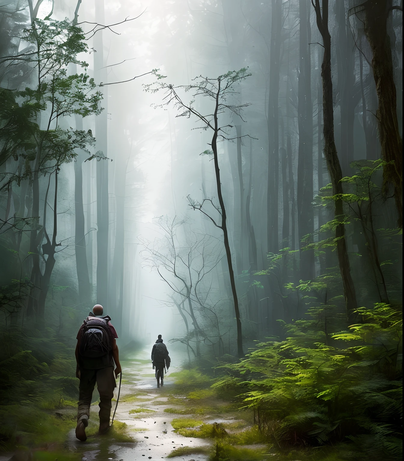 (masterpiece) RAW highly detailed, a man with a post-apocalyptic dog with a backpack is walking down a clear alley in a leafy and long forest, at the end of the way a strong white light shaped ball, hassanfantasy style, by Jeremy Mann and Donato Giancola ultra realistic highly detailed intricate photorealistic