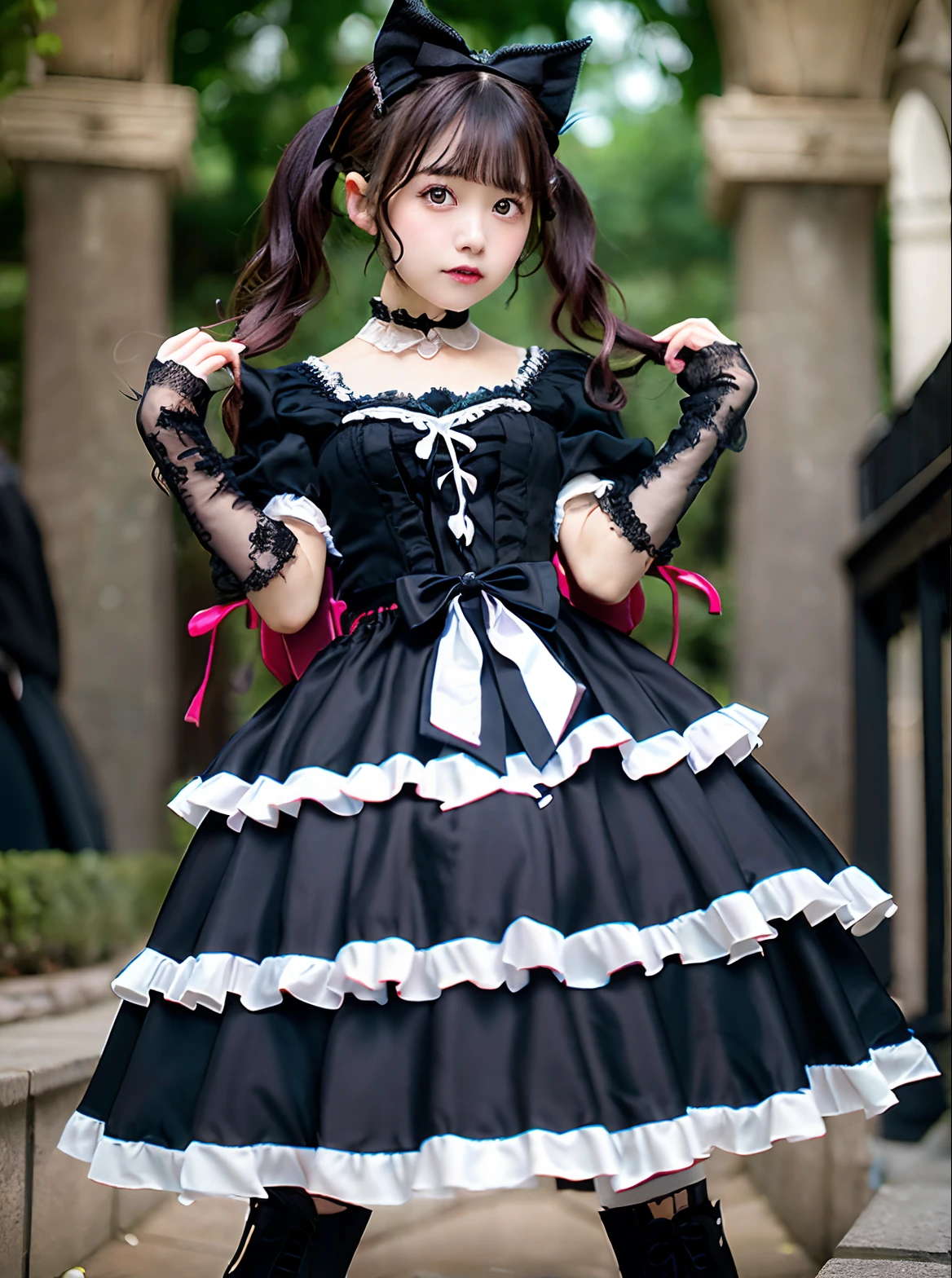 Close up portrait of woman in dress holding bow, black gothic ta dress, Lolityle, victorian gothic lolita fon, Lolita Fashiloli in dress, aegant gothic princess, portrait of the magical Lolita girl, wearingothic dress, anime girl wearing a black dress, Gothic Maiden anime girl, rococo ruffles dress, dreamy gothic girl