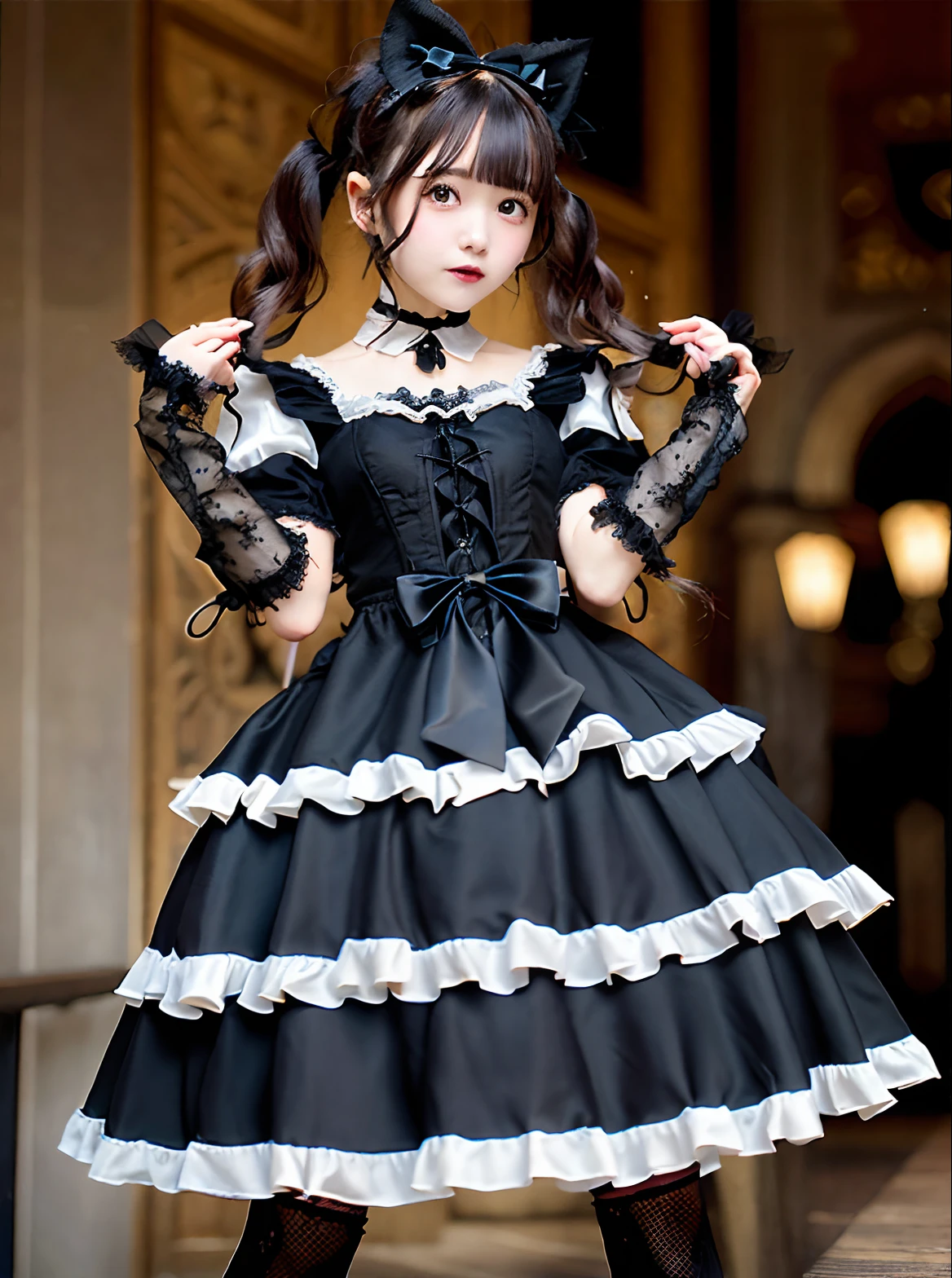 Close up portrait of woman in dress holding bow, black gothic ta dress, Lolityle, victorian gothic lolita fon, Lolita Fashiloli in dress, aegant gothic princess, portrait of the magical Lolita girl, wearingothic dress, anime girl wearing a black dress, Gothic Maiden anime girl, rococo ruffles dress, dreamy gothic girl