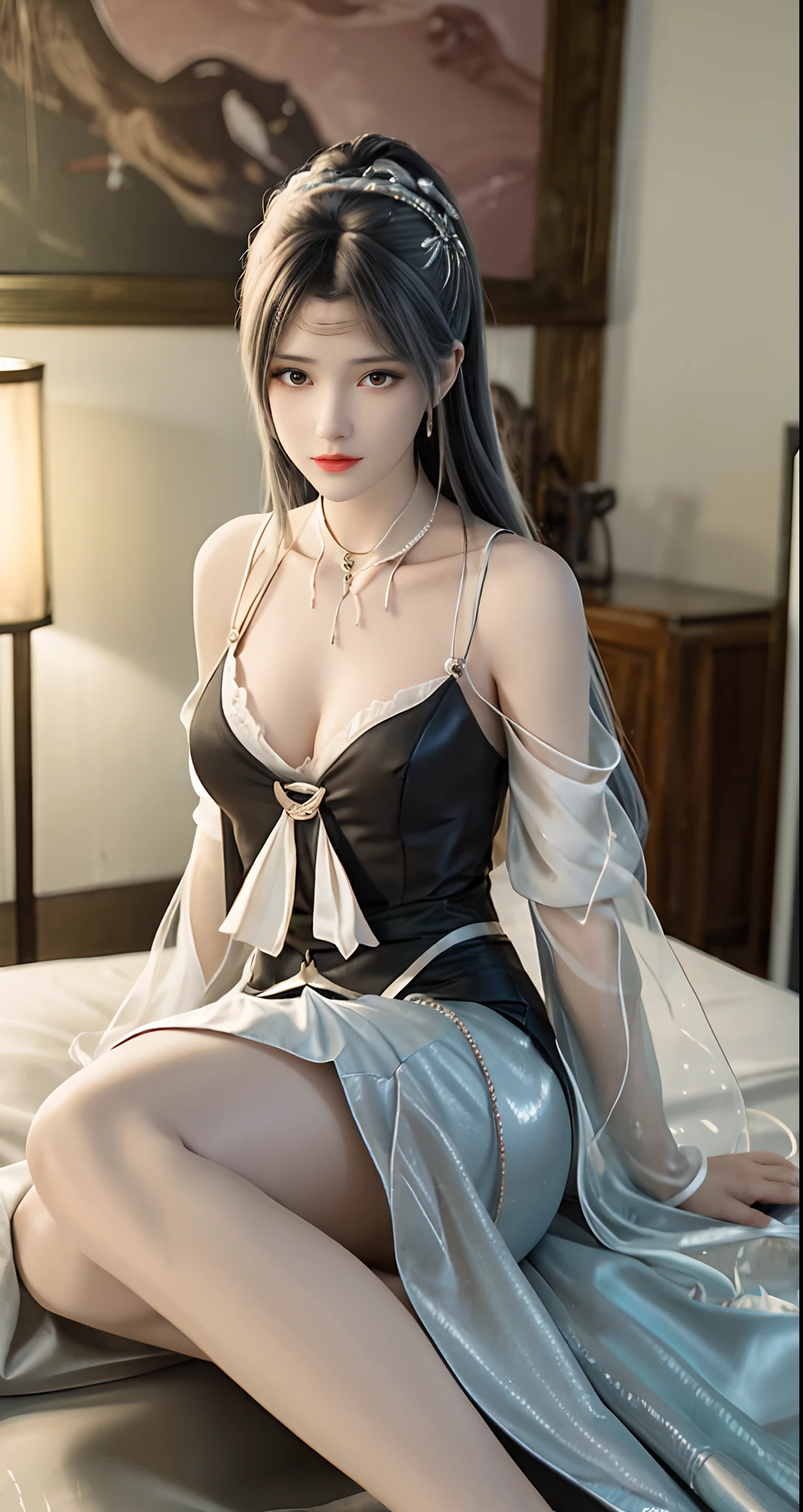 (((1个Giant Breast Girl)),Ray traching,(dim murky lights),[detailedbackground(Bedrooms)),((Silvery hair)),((Silvery hair)),(((((Fluffy silver hair,plump and slender girl))Wears a high ponytail)))Avoid golden eyes in the ominous bedroom((((Girl wears white shirt,Black wrinkled skirt,Wear yours with black sheer pantyhose),It shows a delicate and slender figure and beautiful curves,Correct limbs,sit on a bed,Place your hands in the right position。