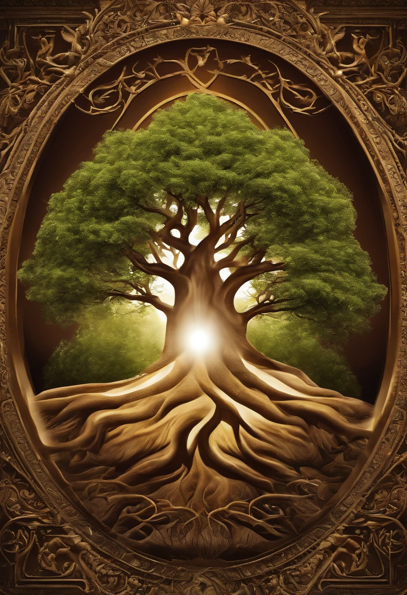 Create impactful illustrations, It symbolizes God's protection for those who meditate on His Word. Use trees with strong roots, Born from an ancient book that symbolizes the Bible. On the top of the tree, Bless the tree with God's hand. Use vibrant contrasting colors, Do not use symbols, Do not use pyramids, Don't use badges, Don't use badges((ultra - detailed)), ((high high quality)), ((Ultra photo realsisim)), ((Size 1280px x 720px))