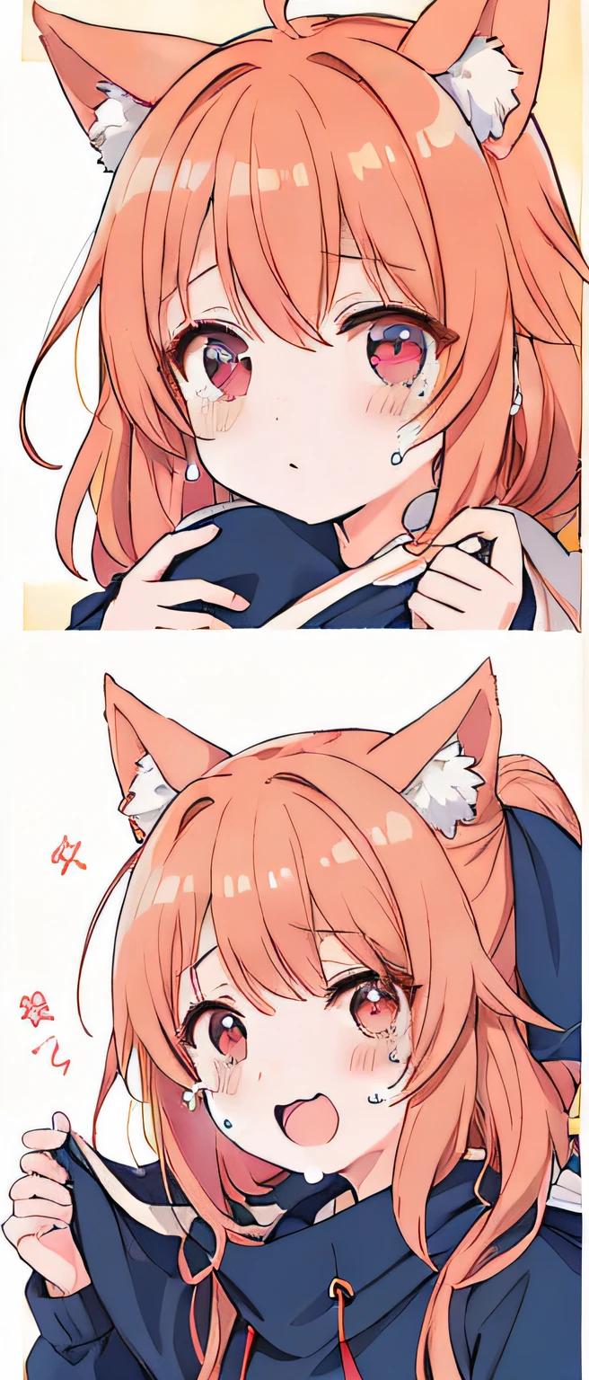 Top image quality、Top image quality、1girl in、an anime girl、I'm holding back from crying right now.、Canine ears、The most beautiful face、mischief、Canine line、Wearing knitwear、cute face、18year old、Looking here、The upper part of the body、tears