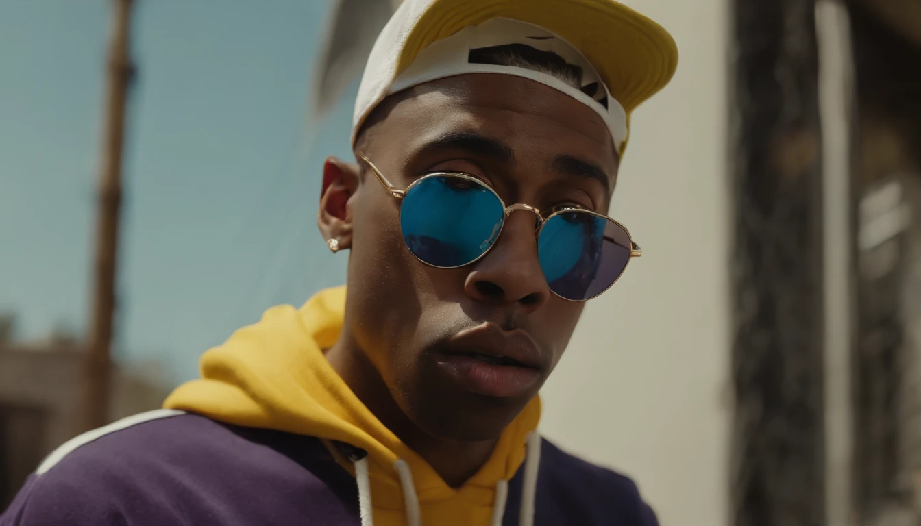 (dynamic portrait of Tyler the Creator),(best quality:1.2,ultra-detailed,realistic:1.37),(vibrant colors,expressive features),(creative hairstyle,unique fashion style),(intense gaze,energetic expression),(urban setting,graffiti background),(streetwear,hip-hop culture),(dramatic lighting,contrasting shadows),(artistic composition,creative angles),(stylized illustration,graphic art style)