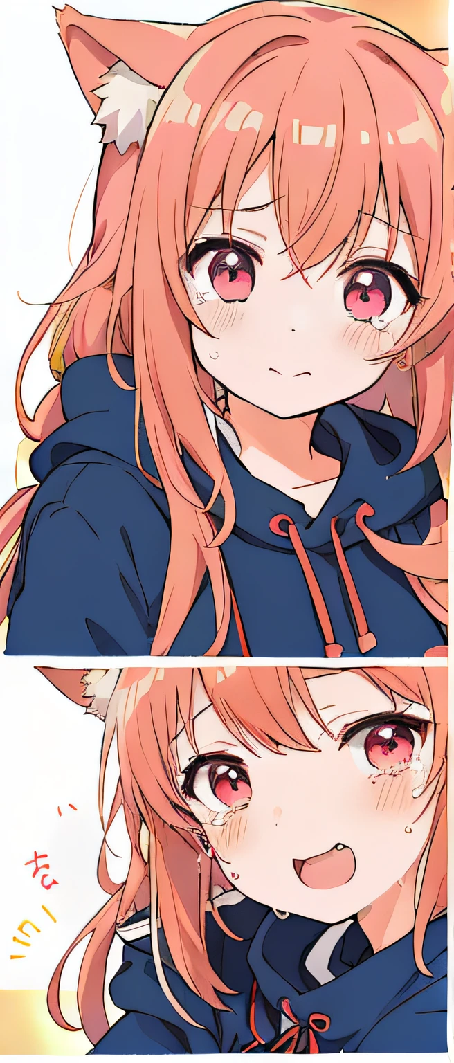 Top image quality、Top image quality、1girl in、an anime girl、I'm holding back from crying right now.、Canine ears、The most beautiful face、mischief、Canine line、Wearing knitwear、cute  face、18year old、Looking here、The upper part of the body、tears