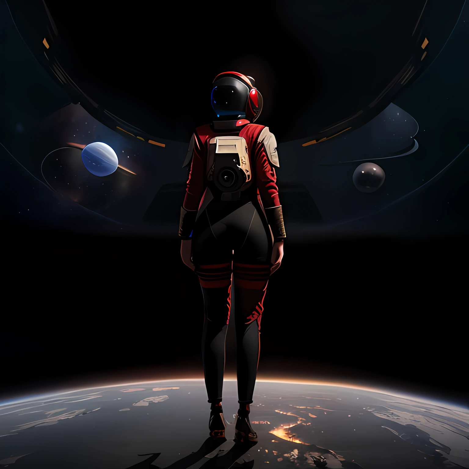 best quality, particle effect, raytracing, scening lighting, perfect lighting, masterpiece ,beautiful female space farer (((wearing a red and black full body space suit))) looking out at the horizon, pov ,8k resolution, pretty face, chubby body, voluptous, wide hips, perfect face, ((gigantic booty)), Intricately detailed cinematic film still,cute, perfect face, (highly detailed, hyperdetailed), natural lighting, , alien planet backround, purity seals, perfect eyes, full body, looking ahead, ((raytraced booty)), science fiction helmet, tinned visor helmet