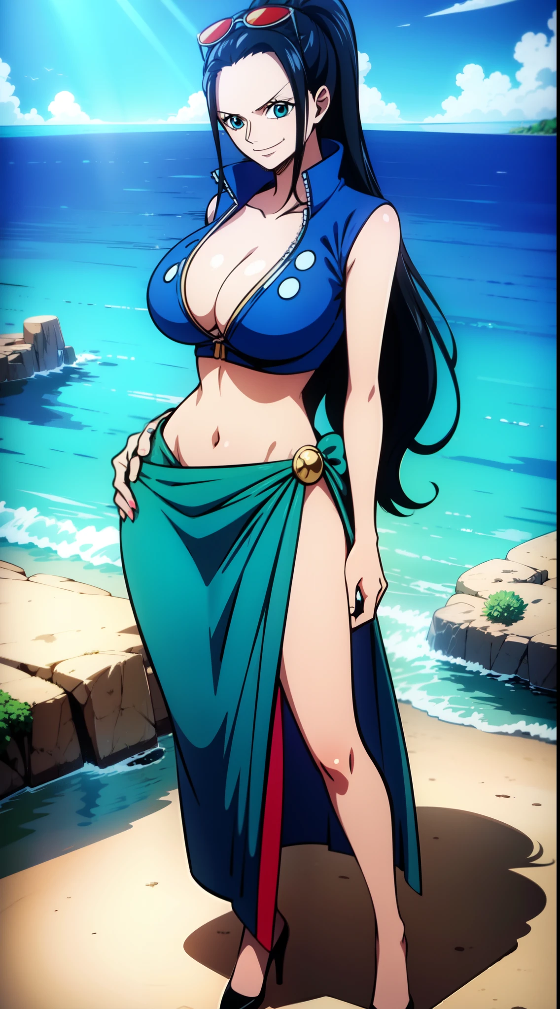 Robin de One Piece, sexy pose, What if , Elly, Red sari, 8k, anime, Shore, Big Boob, large ass, Perfect sexy looks quality blue eyes Nico Robin, 1girl, aqua eyes, Black hair, breasts, cleavage, closed mouth, collared jacket, cowboy shot, crop top, Cropped jacket, Extra hands, eyewear on head, hair slicked back, hand up, High collar, jacket, Big breasts, long  hair, looking at the scenes, midriff, Navel, plunging neckline, posing, sarong, short sleeves, smile, 独奏, Standing, stomach, sunglasses, very long hair, outdoors, sea, Ships high heels legs full body lipstick ponytail