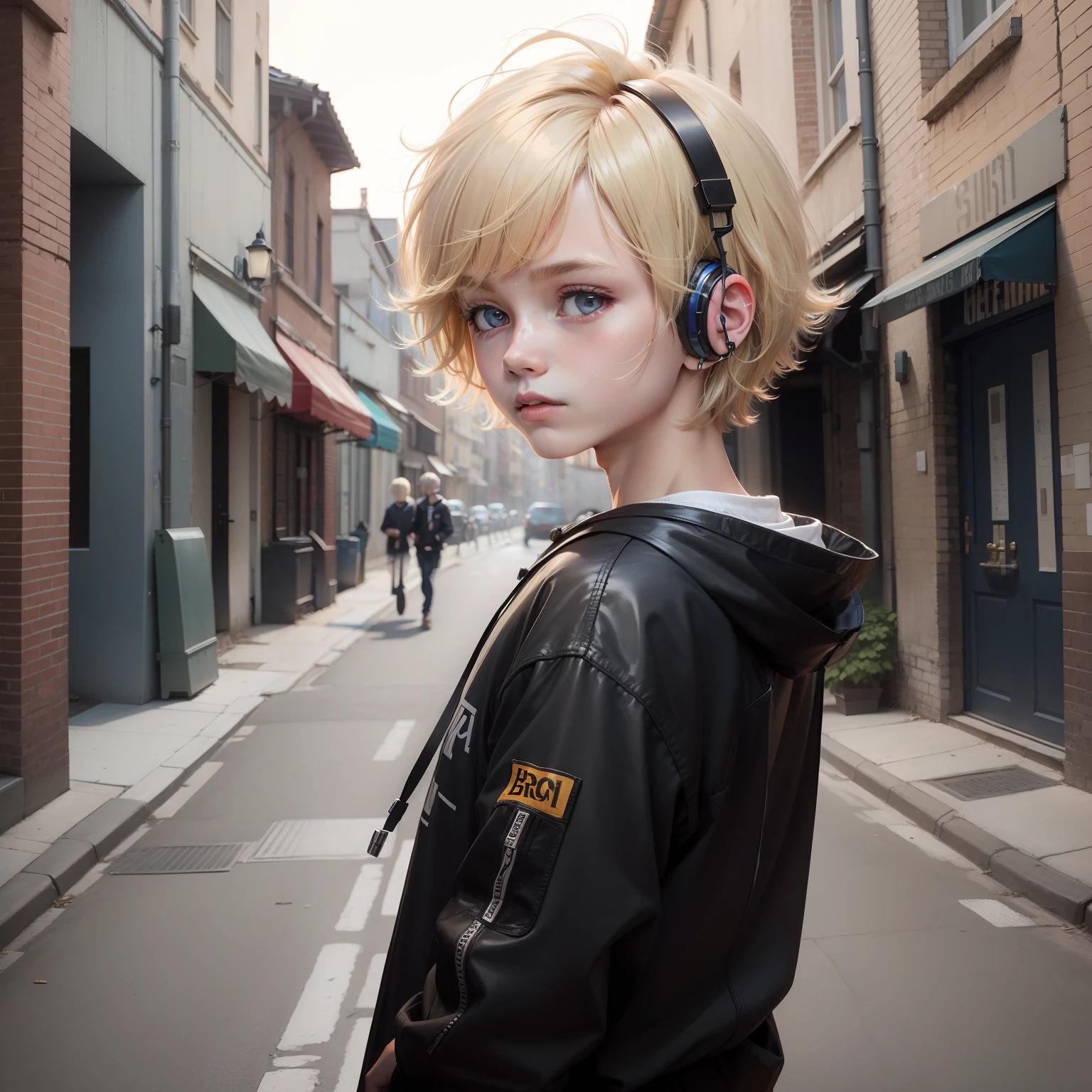 (1 boy:1.2),Bob Hair,Cut your bangs,a blond,cute face,12year old,headphones,Back alley,Street Fashion