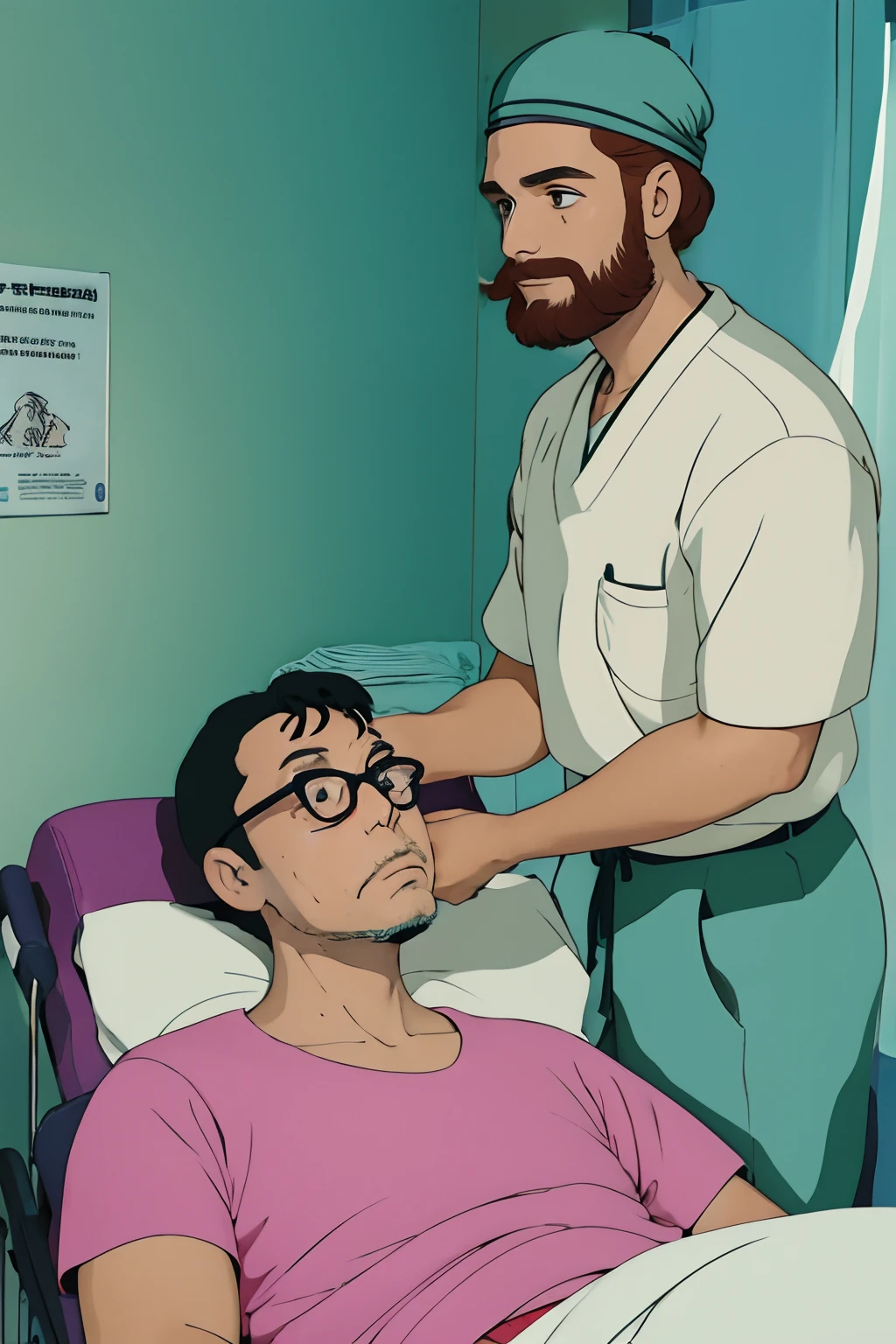 Um homem de cabelo e barba ruiva olhando para o paciente