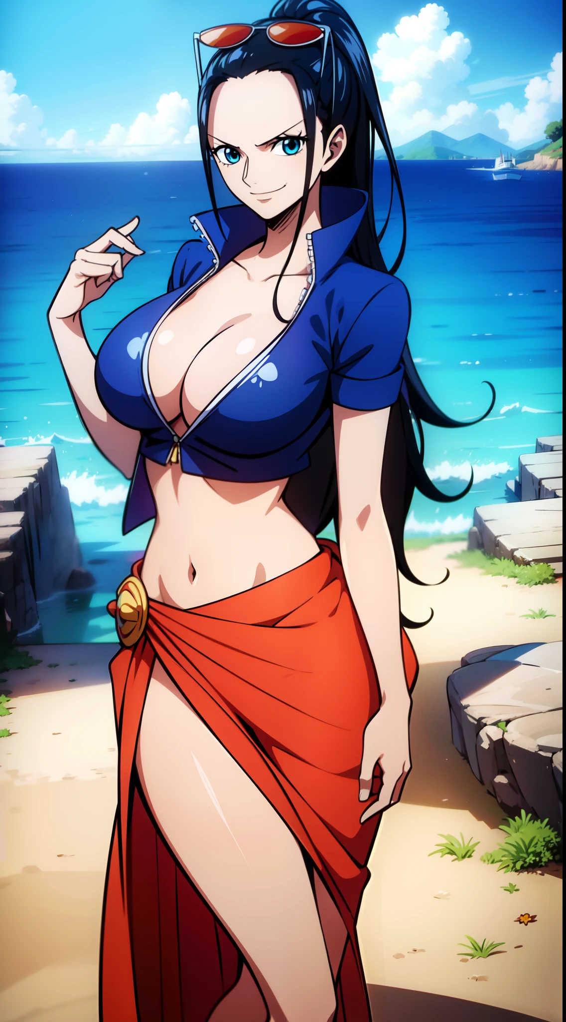 Robin de One Piece, sexy pose, What if , Elly, Red sari, 8k, anime, Shore, Big Boob, large ass, Perfect sexy looks quality blue eyes Nico Robin, 1girl, aqua eyes, Black hair, breasts, cleavage, closed mouth, collared jacket, cowboy shot, crop top, Cropped jacket, Extra hands, eyewear on head, hair slicked back, hand up, High collar, jacket, Big breasts, long  hair, looking at the scenes, midriff, Navel, plunging neckline, posing, sarong, short sleeves, smile, 独奏, Standing, stomach, sunglasses, very long hair, outdoors, sea, Ships high heels legs full body lipstick ponytail