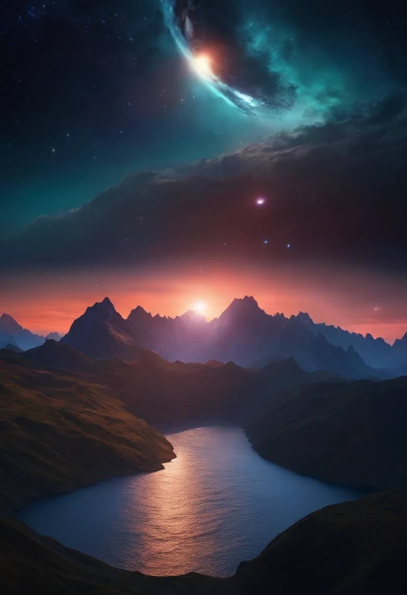 Somewhere in space. Mountains surrounded by the sea. A mysterious planet floating in the mountains. Dark and colorful. Everything is cosmic. 。.3D.