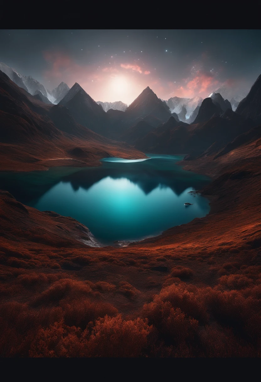 Somewhere in space. Mountains surrounded by the sea. A mysterious planet floating in the mountains. Dark and colorful. Everything is cosmic. 。.3D.