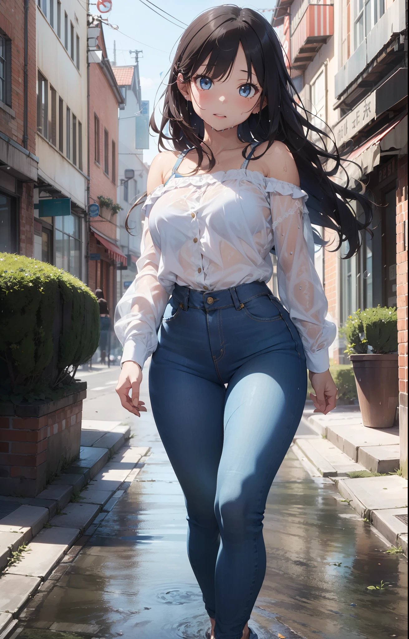masterpiece, extremery magnificent view, perspective, extremery best quality, extremery detailed CG, 8k wallpaper, high resolution, highly detailed face, highly detailed eyes, perfect anatomy, super detailed skin,
(dynamic angle, dynamic pose:1.2), outdoors, street, raining!!!, in the rain, (portrait, legs focus, full body), (beautiful face, beautiful eyes, beautiful legs:1.3), 
1 girl, solo, (white blouse), (blue denim pants:1.3), wet blouse, bare shoulder, long sleeves, (skinny jeans pants:1.3), wet pants, large breasts, brown hair, long hair, wavy hair, open forehead, blue eyes, skinny, slender, wide hips, thin waist