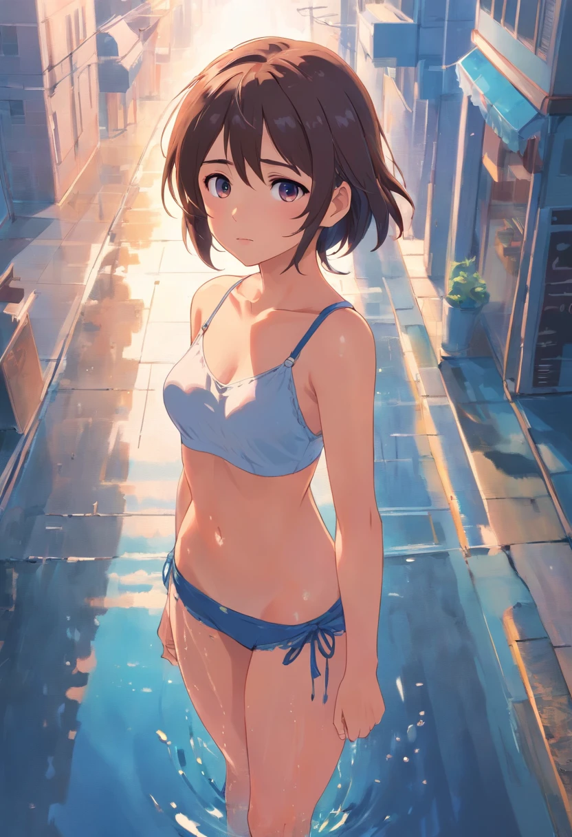 masterpiece、top-quality、-yeld beiful girl、student clothes、Wet white shirt、Stripped shirt、Naughty Poses、tiny chest、Bra visible through wet shirt、Cute bra、hands on crotch、Clear liquid comes out of the crotch、Cute underwear、Bare legged、Glaring Girl、I'm、Red cheeks、Teary-eyed、Large tears、Angle from above