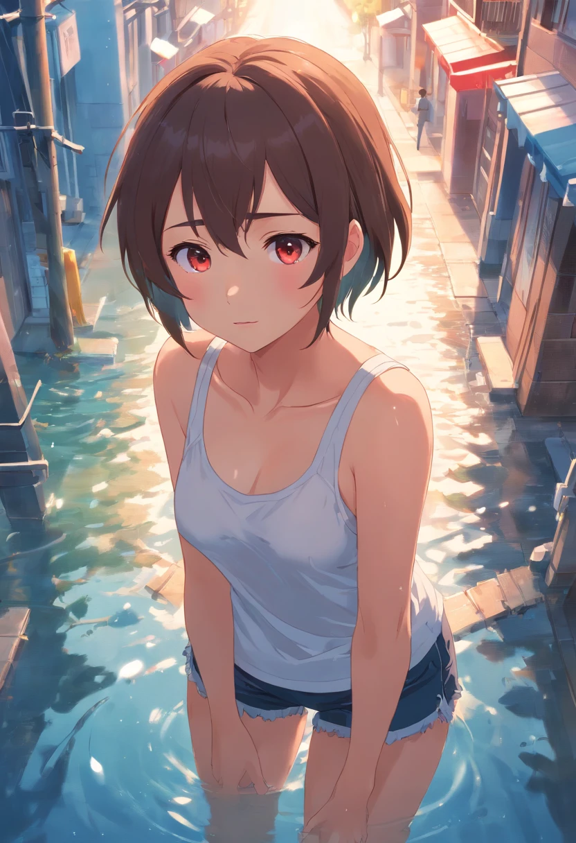 masterpiece、top-quality、-yeld beiful girl、student clothes、Wet white shirt、Stripped shirt、Naughty Poses、tiny chest、Bra visible through wet shirt、Cute bra、hands on crotch、Clear liquid comes out of the crotch、Cute underwear、Bare legged、Glaring Girl、I'm、Red cheeks、Teary-eyed、Large tears、Angle from above