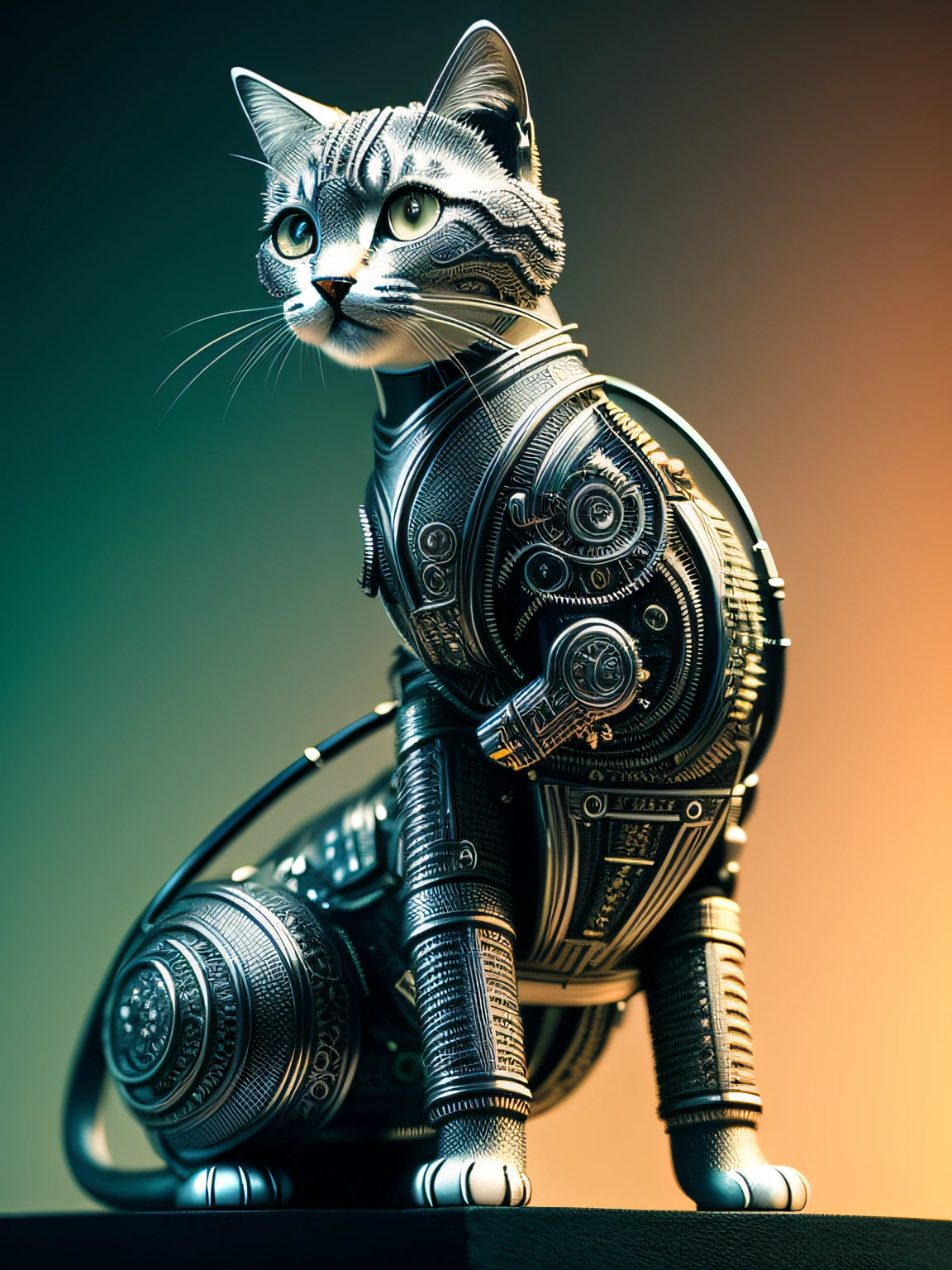 A modern metal kitten made out of paladium, (cyborg:1.1), ([tail | detailed wire]:1.3), (intricate details), hdr, (intricate details, hyperdetailed:1.2), cinematic shot, centered