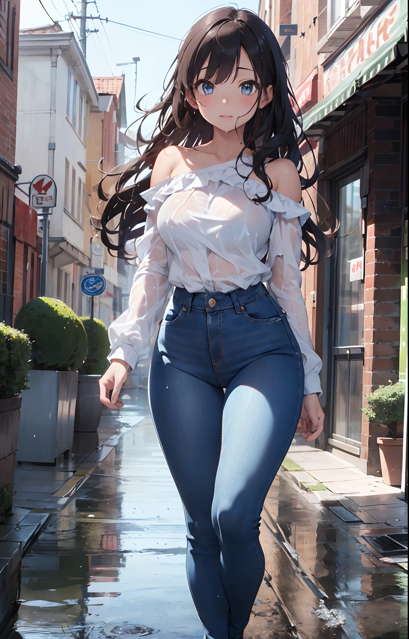 masterpiece, extremery magnificent view, perspective, extremery best quality, extremery detailed CG, 8k wallpaper, high resolution, highly detailed face, highly detailed eyes, perfect anatomy, super detailed skin,
(dynamic angle, dynamic pose:1.2), outdoors, street, raining!!!, in the rain, (portrait, legs focus, full body), (beautiful face, beautiful eyes, beautiful legs:1.3),
1 girl, solo, (white blouse), (blue denim pants:1.3), wet blouse, bare shoulder, long sleeves, (skinny jeans pants:1.3), wet pants, large breasts, brown hair, long hair, wavy hair, open forehead, blue eyes, skinny, slender, wide hips, thin waist
