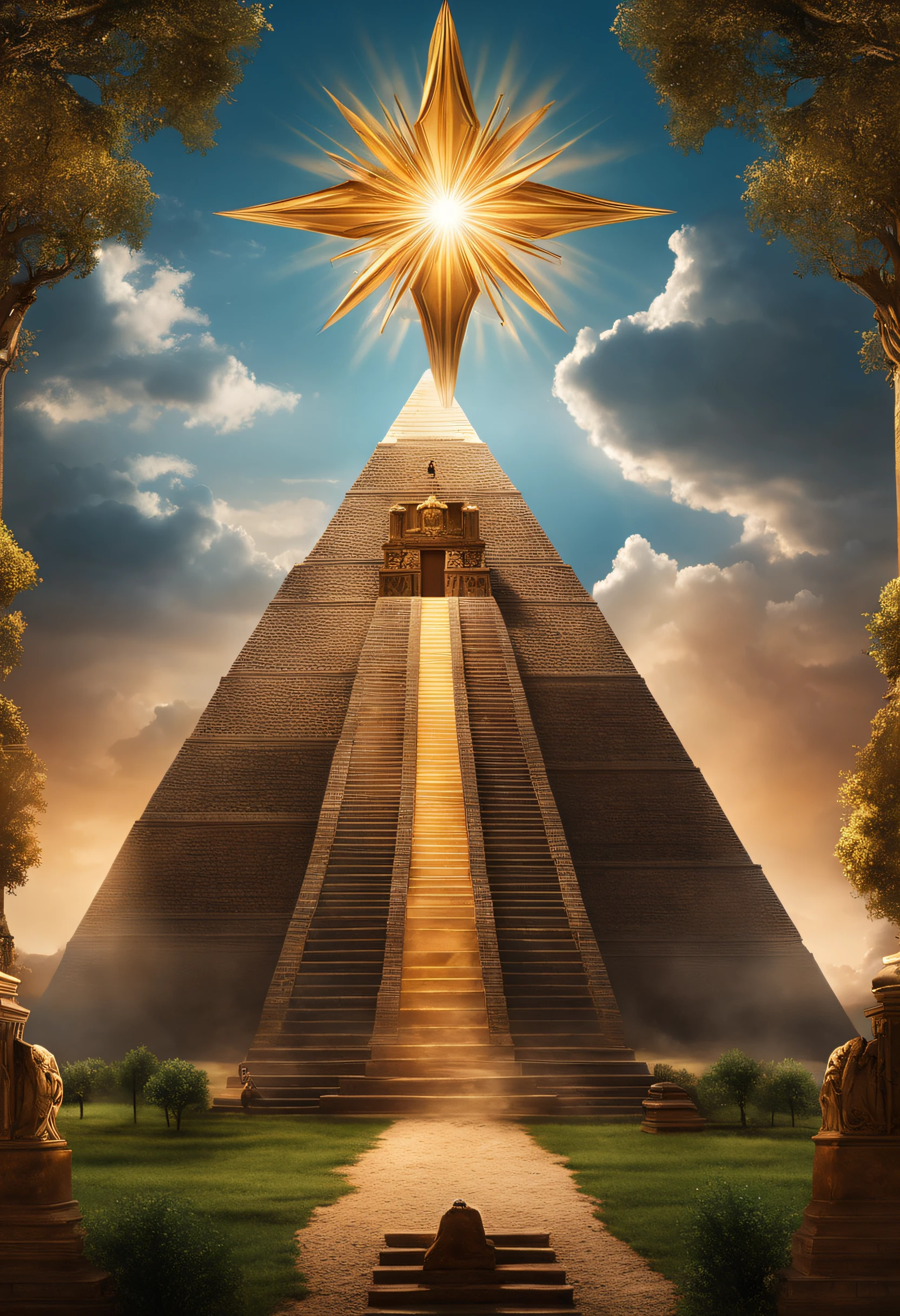 Create an impactful illustration, symbolizing God's protection for those who meditate on his word. Use a tree with strong roots, Born from an ancient book that symbolizes the Bible. on top of the tree, put God's hands blessing that tree. Use cores vibrantes e contrastantes, Do not use symbols, Do not use pyramids, Don't use badges, Do not use coats of arms((ultra detalhado)), ((alta qualidade)), ((hyper realistic)), ((tamanho 1280px por 720px))