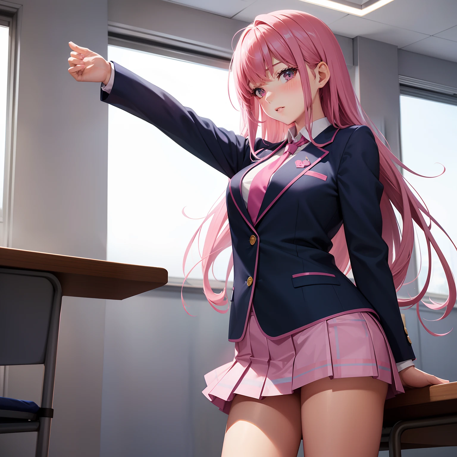 High School Girl, Dark blue blazer, Pink Super Mini Skirt, Pink tie, knee high socks, Long pink hair, Solo, School Classroom, Looking at Viewer, Front view,
