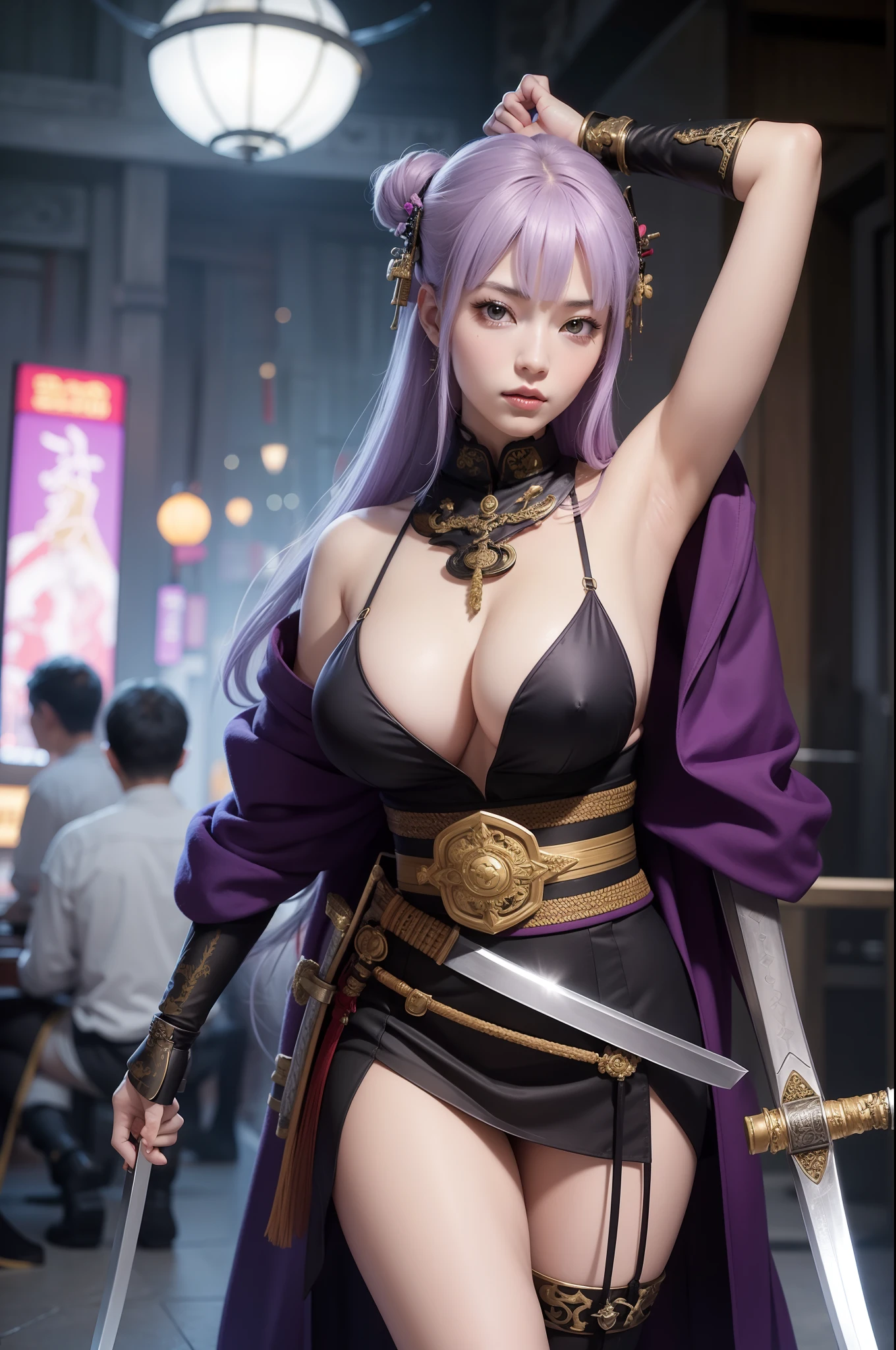 arafed woman in a costume holding a sword and a sword, she is holding a katana sword, very beautiful cyberpunk samurai, female samurai, wearing kimono armor, ornate korean polearm behind her, she is holding a sword, holding a sword on her shoulder, wearing kimono armour, dressed in samurai armour, portrait shot, samurai outfit, ornate cosplay, sexy look, big breast, sexy pose, show breast, light purple hair