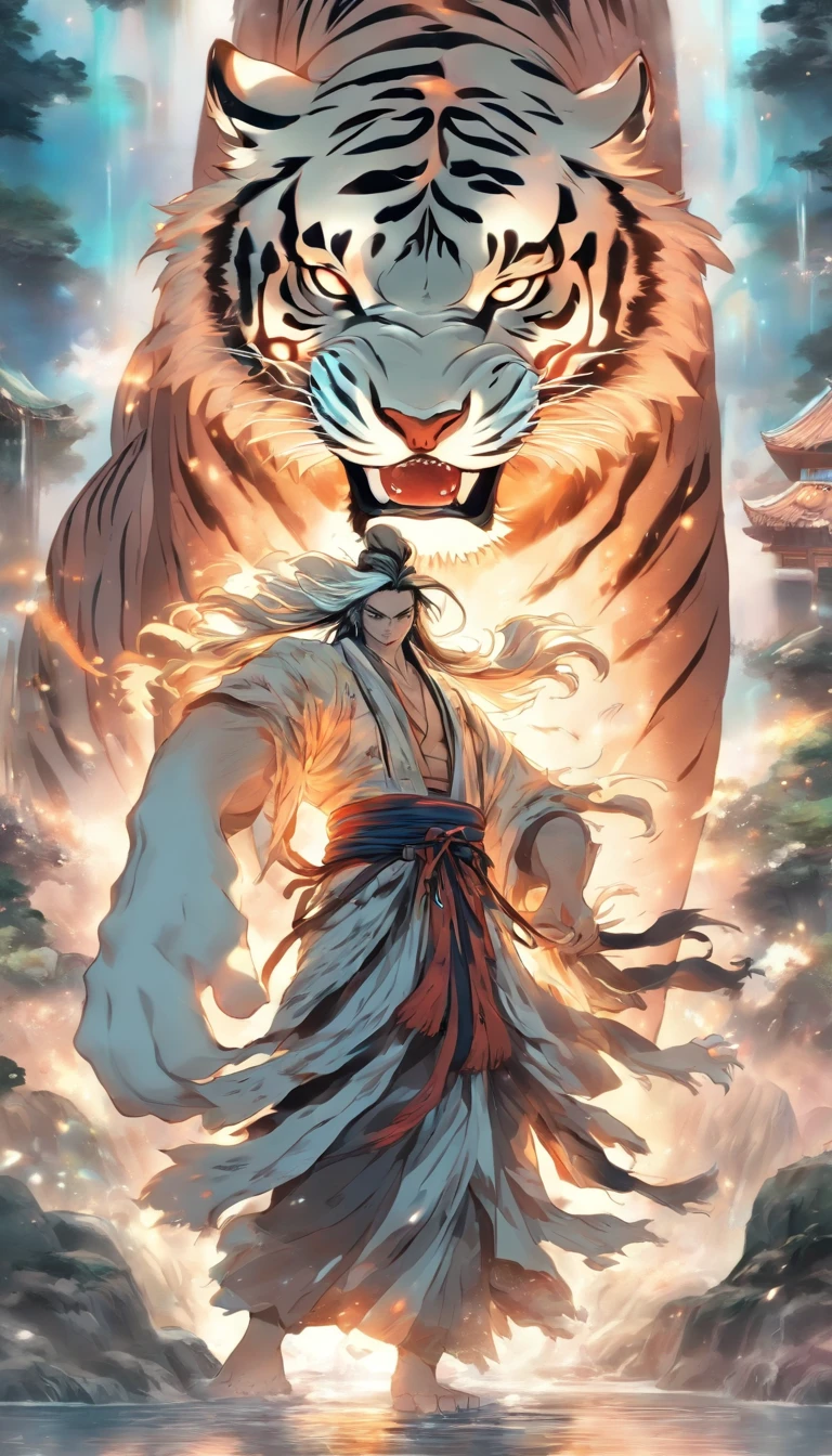 China-style,中景 the scene is,The Taoist priest stood in front of the huge transparent white tiger,Stretch your hands,Long messy hair,Glow effects,Hyper-realistic,Ultra photo realsisim,Chinese black and white ink style,Silver,Decolorization,Smudge,ink,8K,super-fine,high qulity,OC renderer