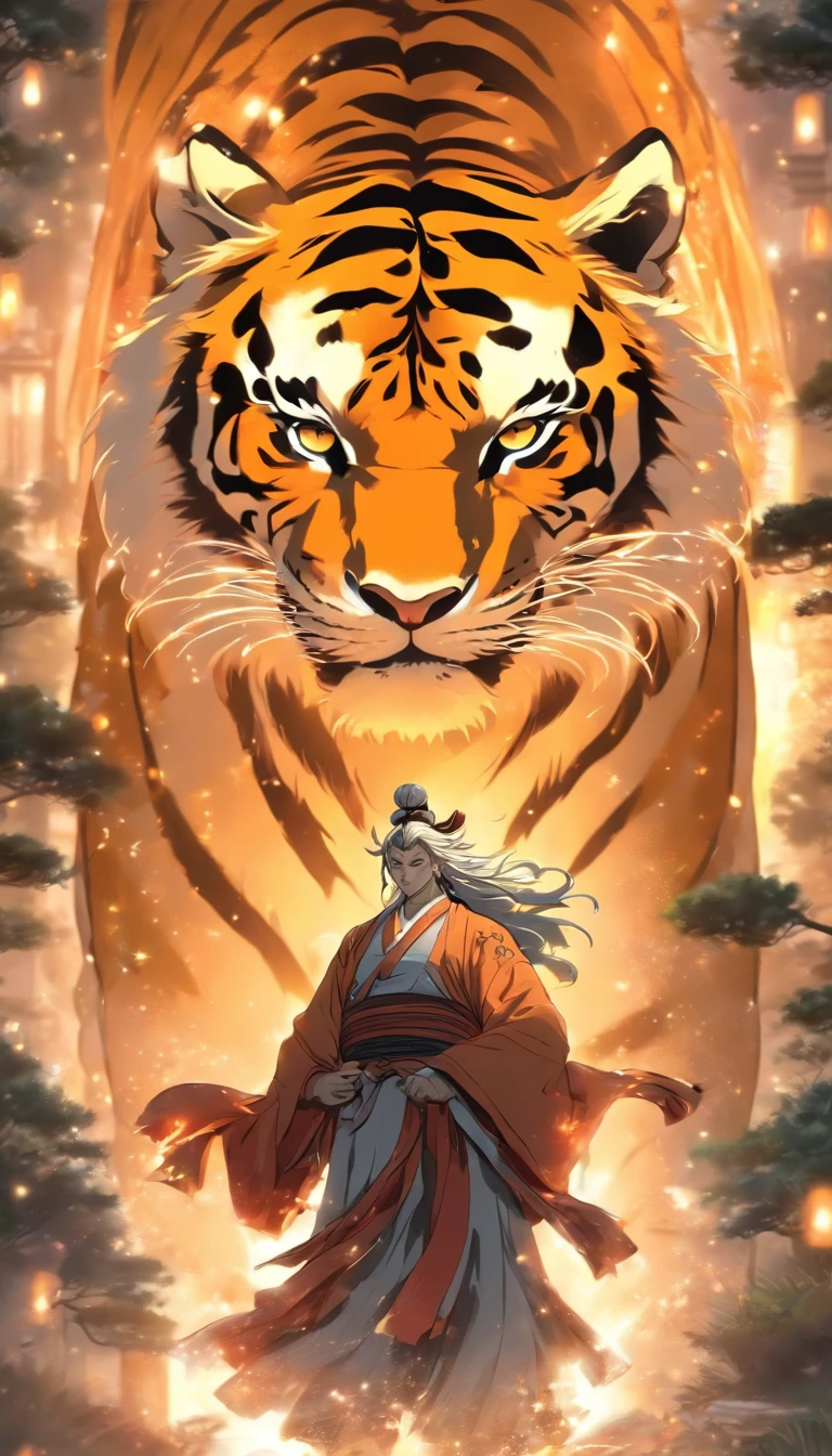 China-style，中景 the scene is，The Taoist priest stood in front of the huge transparent white tiger，Stretch your hands，Long messy hair，Glow effects，Hyper-realistic，Ultra photo realsisim，Chinese black and white ink style，Silver，Decolorization，Smudge，ink，8K，super-fine，high qulity，OC renderer