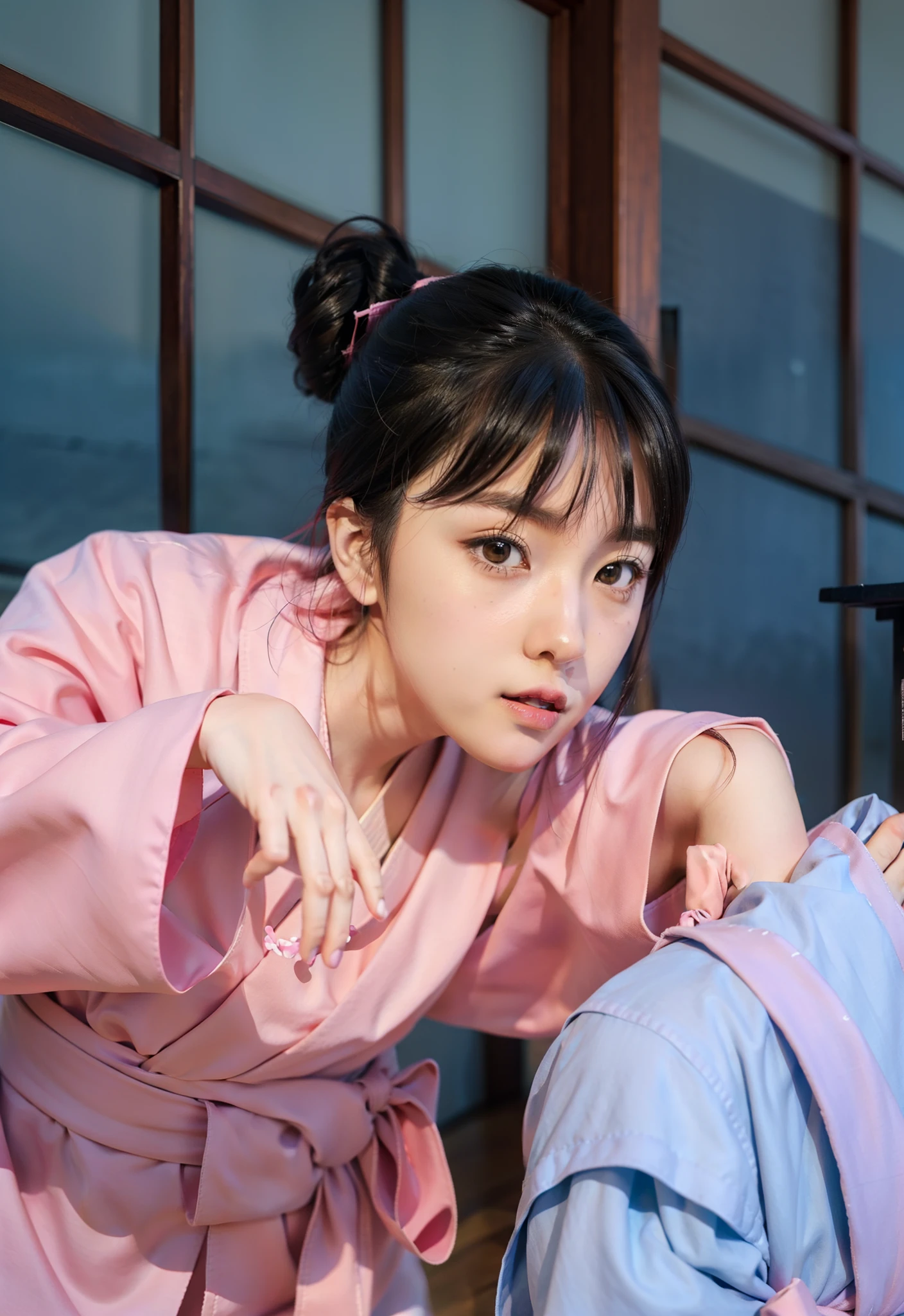 real Life adaption of this character,her name is Tenten from anime boruto ,hyper realistic ,detailed hair, high resolution, photorealistic,very detailed,realistic outfit ,Japanese teen beautiful ,detailed shining eyes,