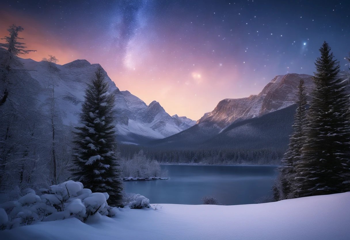 best quality,4k,8k,highres,masterpiece:1.2,ultra-detailed,(realistic,photorealistic,photo-realistic:1.37),HDR,UHD,studio lighting,extreme detail description,vivid colors,bokeh,starry sky,nighttime landscape,snowfield,sparkling stars,cold winter,winter wonderland,frosty trees,crisp air,serene atmosphere,silent night,icy ground,frozen lake,glimmering snowflakes,majestic mountains,peaceful solitude,dreamy ambiance,luminous celestial objects,shimmering constellations,ethereal beauty,enchanted scene,dazzling night sky,twinkling lights,faraway galaxies,distant planets,magical experience,starry dreamscape,lunar glow,tranquil serenity,calmness,imagination,otherworldly atmosphere