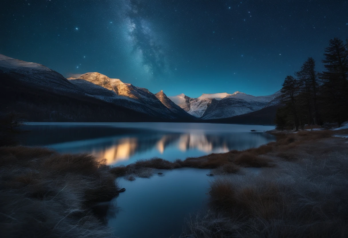 best quality,4k,8k,highres,masterpiece:1.2,ultra-detailed,(realistic,photorealistic,photo-realistic:1.37),HDR,UHD,studio lighting,extreme detail description,vivid colors,bokeh,starry sky,nighttime landscape,snowfield,sparkling stars,cold winter,winter wonderland,frosty trees,crisp air,serene atmosphere,silent night,icy ground,frozen lake,glimmering snowflakes,majestic mountains,peaceful solitude,dreamy ambiance,luminous celestial objects,shimmering constellations,ethereal beauty,enchanted scene,dazzling night sky,twinkling lights,faraway galaxies,distant planets,magical experience,starry dreamscape,lunar glow,tranquil serenity,calmness,imagination,otherworldly atmosphere