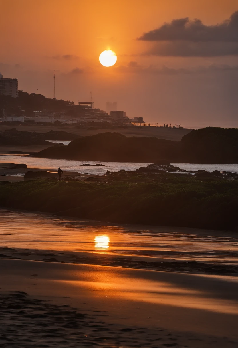 Vista arafed de uma praia com uma cidade ao longe, beautiful morning, early morning sunrise, early morning, morning sunrise, city morning, summer morning, Tiro no iPhone 1 3 Pro, late morning, tirado no iphone 1 3 pro, Tiro no iPhone 1 3 Pro Max, the sea seen behind the city, durante o nascer do sol, early in the morning