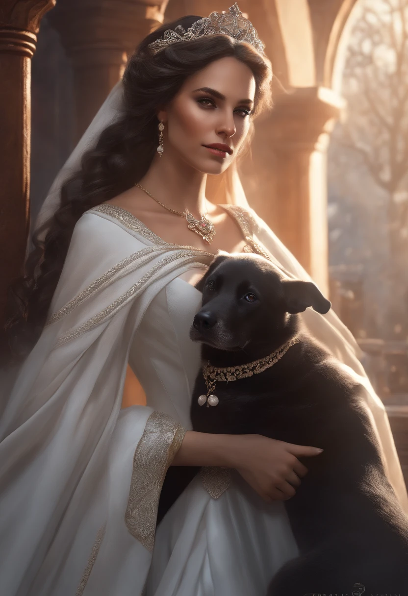 Princesa de invierno, PERRO DE RAZA PASTOR ALEMAN, USANDO VESTIDOS BLANCOS DE PRINCESAS, invierno, Nevando, Naturaleza, RODEADO DE LOBOS BLANCOS,8k, fantasy, resolution conceptual portrait by Greg Rutkowski, Artgerm, WLOP, Alphonse Mucha dynamic lighting hyperdetailed intricately detailed Splash art trending on Artstation triadic colors Unreal Engine 5 volumetric lighting",