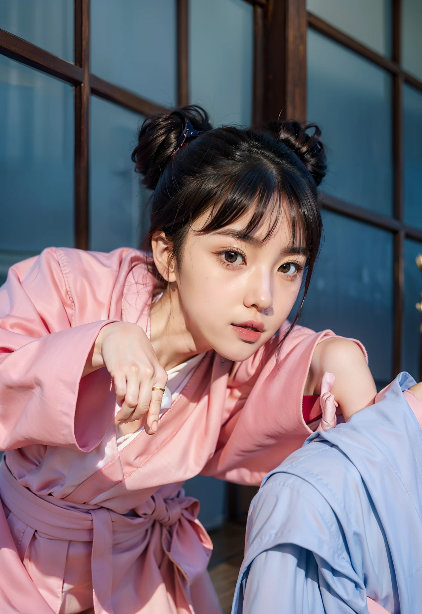 Real life adaption of this character,her name is tenten from anime Naruto,hyper realistic,realistic pink kimono with ribbon belt around her waist,Japanese teen beautiful face,realistic light,realistic shadow,realism,realistic hair,(photorealistic:1.2)