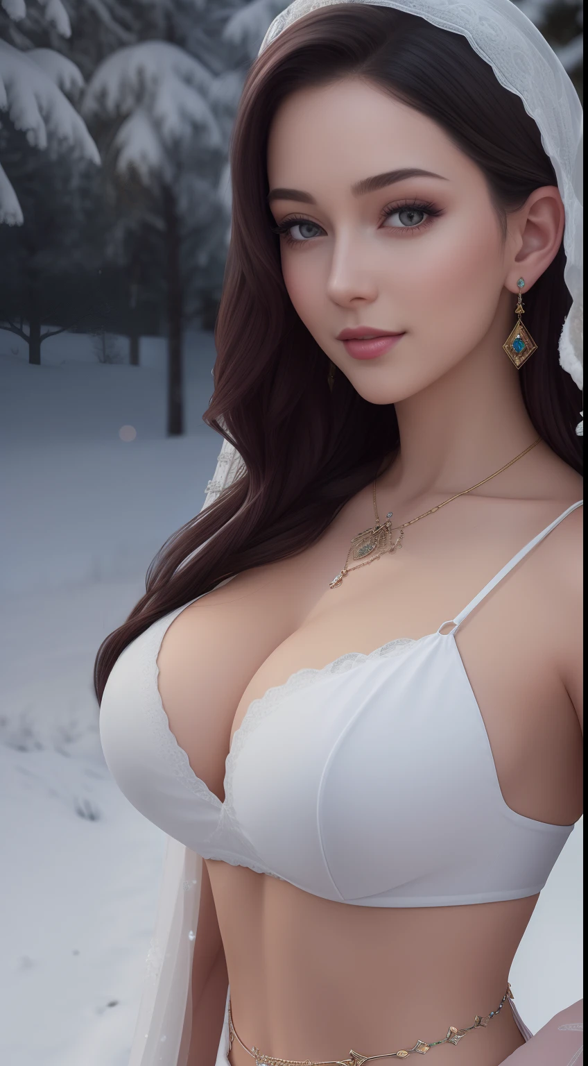 Best quality, Masterpiece, A high resolution, 1girll, (:1.6),(Expose gigantic breasts),, hair adornments, Smile, Closed mouth,Lips, hair adornments, necklace, jewelry, Long hair, Earrings, Detailed beautiful eyes,detailed eyelash, Beautiful face,after sexing_nakeness, Tyndall effect,Photorealistic, rim lit, twotonelighting,(highdetailskin:1.2), 8K, Ultra HD, Digital SLR, Soft lighting, High quality, voluminetric lighting, candid, photographed, high resolution, 4K, 8K, of a real, on the garden, Falling snow, winter