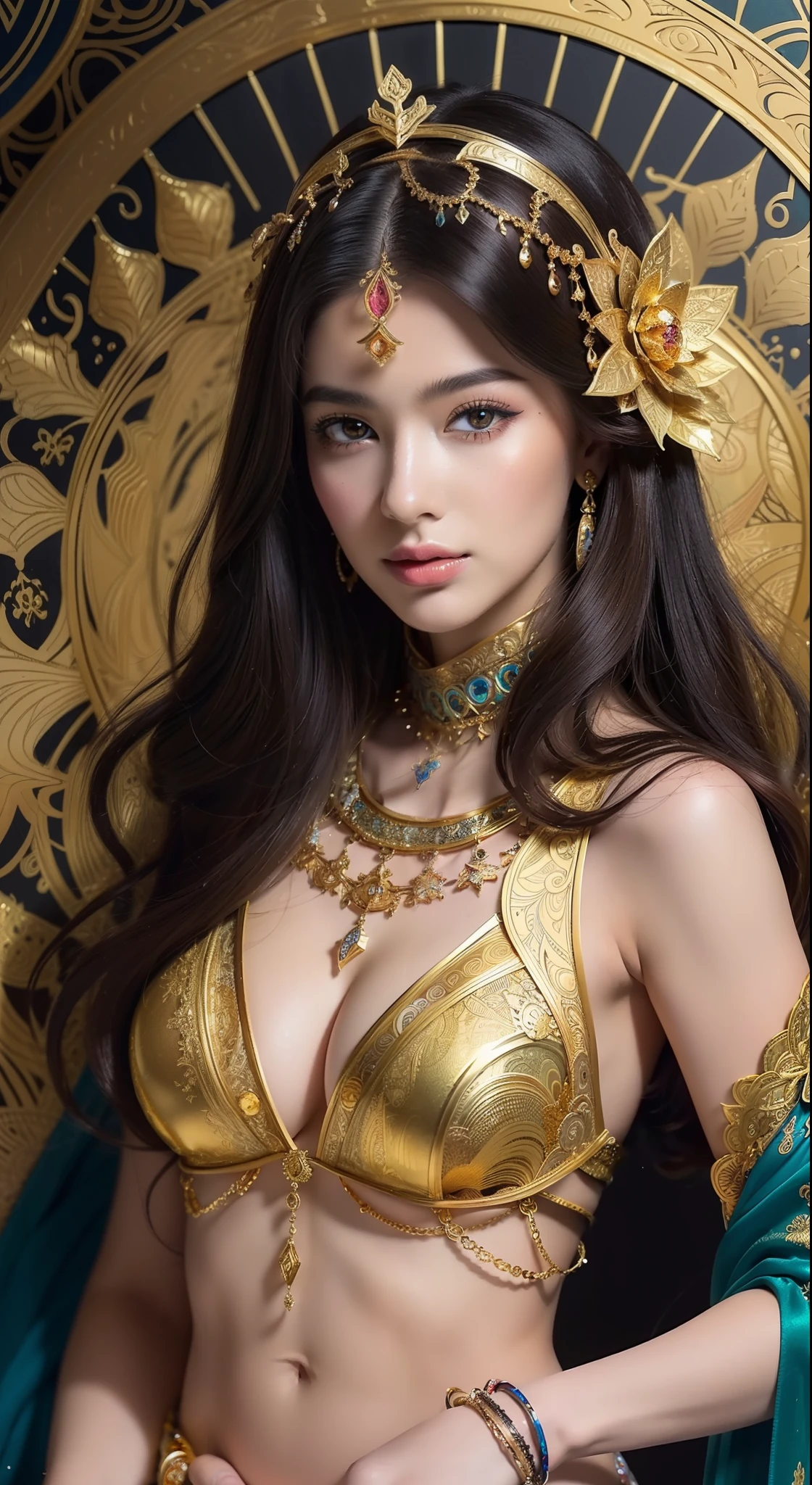 (masterpiece, top quality, best quality, official art, beautiful and aesthetic:1.2), (1girl), extreme detailed,colorful,highest detailed, official art, ultra detailed, beautiful and aesthetic, beautiful, masterpiece, best quality, (zentangle, mandala, tangle, entangle) ,holy light,gold foil,gold leaf art,glitter drawing, PerfectNwsjMajic