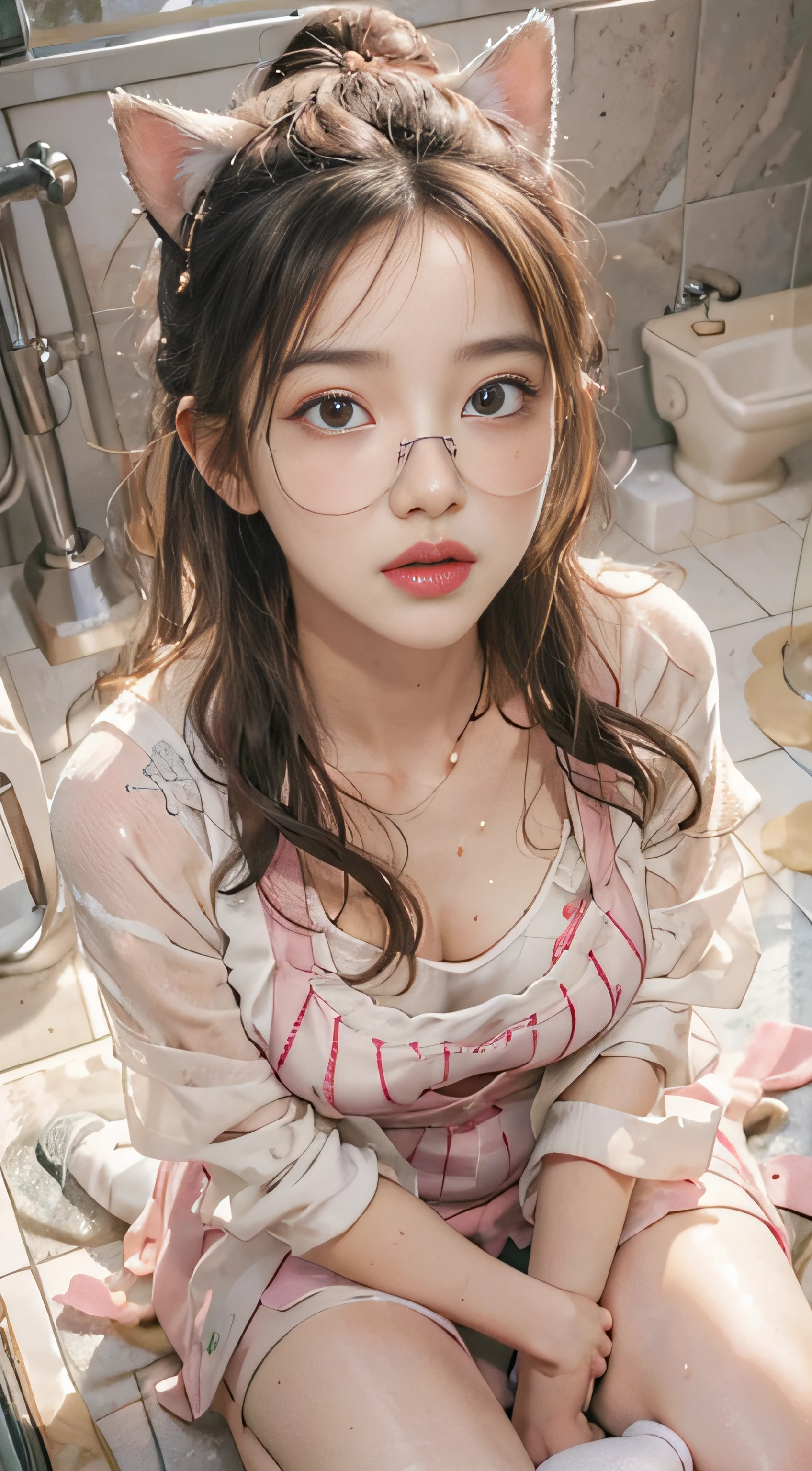 Hyper-realistic), (illustration), (high resolution), (32K), (Extremely detailed), (Best Illustration), (Beautiful detailed eyes), (Best quality), (Ultra-detailed), (Masterpiece), ( the wallpaper), (Detailed and delicate face), Solo, Pee yourself, Pee on the legs, Surrounded by other people, Highly detailed facial and skin textures, Detailed eyes, Double eyelids, a ball head，Hairpins twisted braid, Large-rimmed glasses, Wear pink tulip fairy sweet pure lust lace print embroidery Hansto, Wearing cat ears, Kneeling on both knees, Nervously bow your head, Shy, Embarrassing provocation and shock, Stand with your legs spread, On a dry toilet floor, A small puddle of her own urine formed around her feet, Very eager to pee, Pee, Wet yourself, Urination, Tears, fear, despair, Panic, High detail, A ballet with a big belly in October of pregnancy, Wear ballet shoes, (Dynamic pose), 1 girl, White wavy curls on the toilet, Japanese, Heterochromia, Small moles under the eyes, (( aprons)), Big breasts, Long legs, Tight abs, Wear large-rimmed glasses, (camel-toe), (Fishnet socks), (), (No bra)