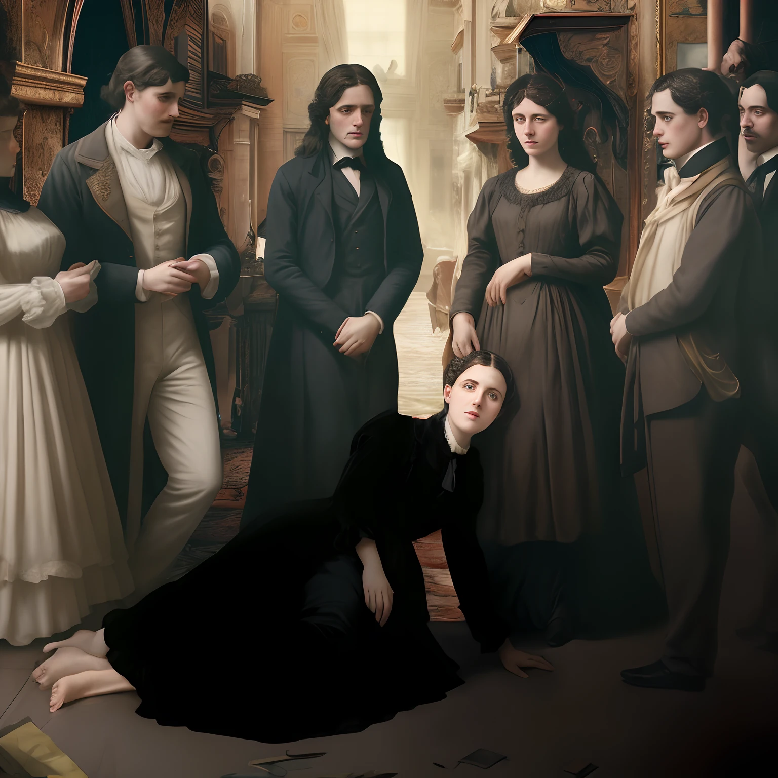Woman lying on the floor, Multiple people standing, foto realista de 1900, detalhes ultrarealistas, imagem cinematic,