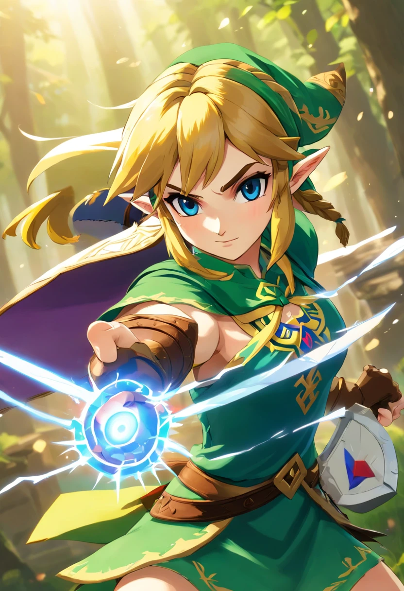 (full body,Zelda comics,woman,warrior,action combat dodge),illustrations,highly detailed,ultra-detailed,realistic colors,sharp focus,studio lighting,anime style, vibrant colors, dynamic shading, intense atmosphere, epic battle scene, powerful strikes, speedy movements, impressive fighting skills,portraits