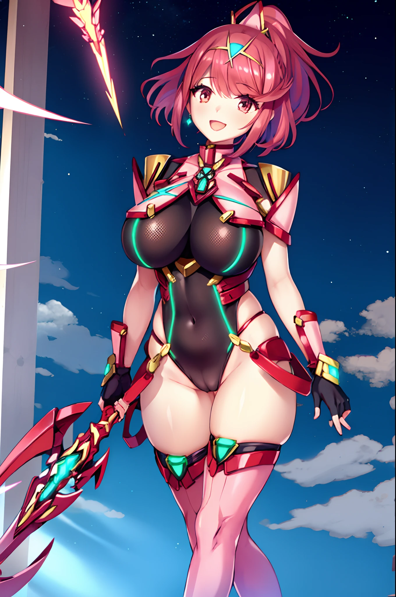 pyra \(xenoblade\), _1girl, lolibangs, black gloves, breasts, red eyes, shout, earrings, eyelashes, fingerless gloves, floating hair, , gem, gloves, hair ornament, headpiece, jewelry, big_breasts, leaning back, swimsuit, neon trim, official art, pose, red hair, saitou masatsugu, short hair, sidelocks, skin tight, solo, swept bangs, thighhighs, tiara, fantasy_town_background, underbust, xenoblade chronicles \(series\), (xenoblade chronicles 2), (spread_legs:1.1), fire_effect,dynamic_pose,fighting,light_smile, (plump:1.1), big_ass,huge_sword, hold_large_sword_hilt, covered_nipples, covered_pussy, fists,ponytail,beautiful_fingers,(solo:1.1), bare_shoulder,(shoulder_naked:1.2)