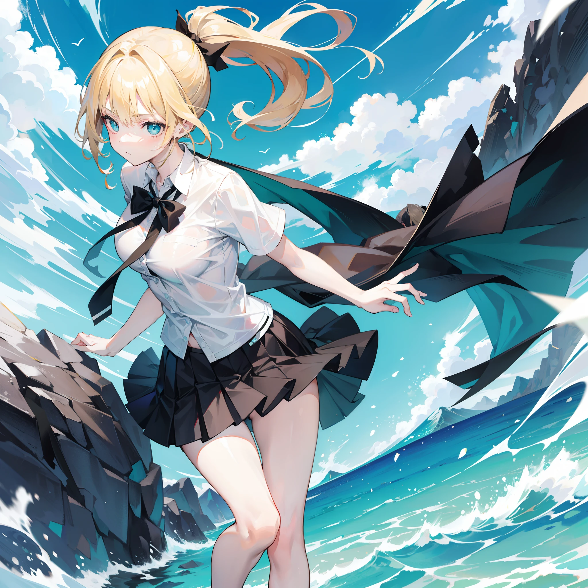 An 18 year old woman with blonde hair and turquoise eyes, a ponytail styled with a black ribbon tied in the back.  Wearing a school uniform, short skirt, and being topless.