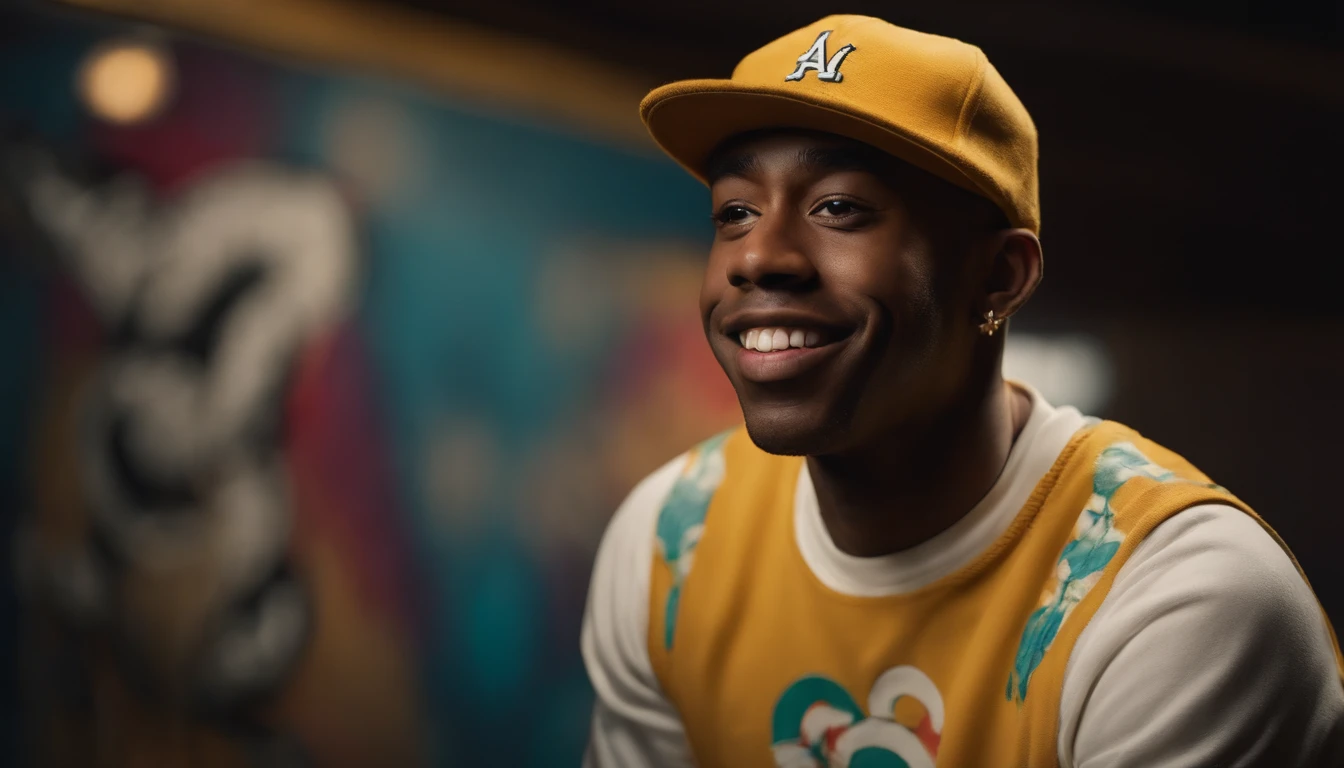 portrait of,((Tyler The Creator),realistic,photorealistic:1.37,(best quality,4k,8k,highres,masterpiece:1.2),vivid colors,(studio lighting),(musician,rapper,artist),(confident expression),(dark background),(tattoos),(fashionable),(bright smile),(sharp focus),(colorful atmosphere),(graffiti),(urban vibes),(creative),unique style