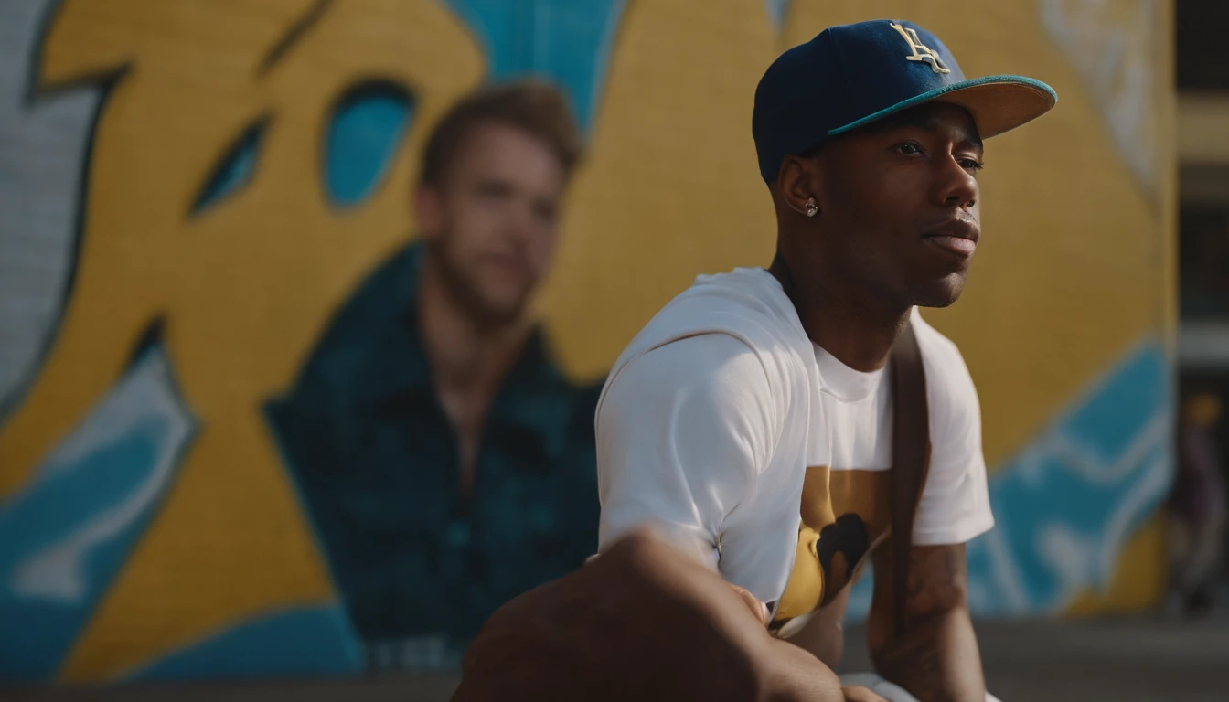 portrait of,((Tyler The Creator),realistic,photorealistic:1.37,(best quality,4k,8k,highres,masterpiece:1.2),vivid colors,(studio lighting),(musician,rapper,artist),(confident expression),(dark background),(tattoos),(fashionable),(bright smile),(sharp focus),(colorful atmosphere),(graffiti),(urban vibes),(creative),unique style