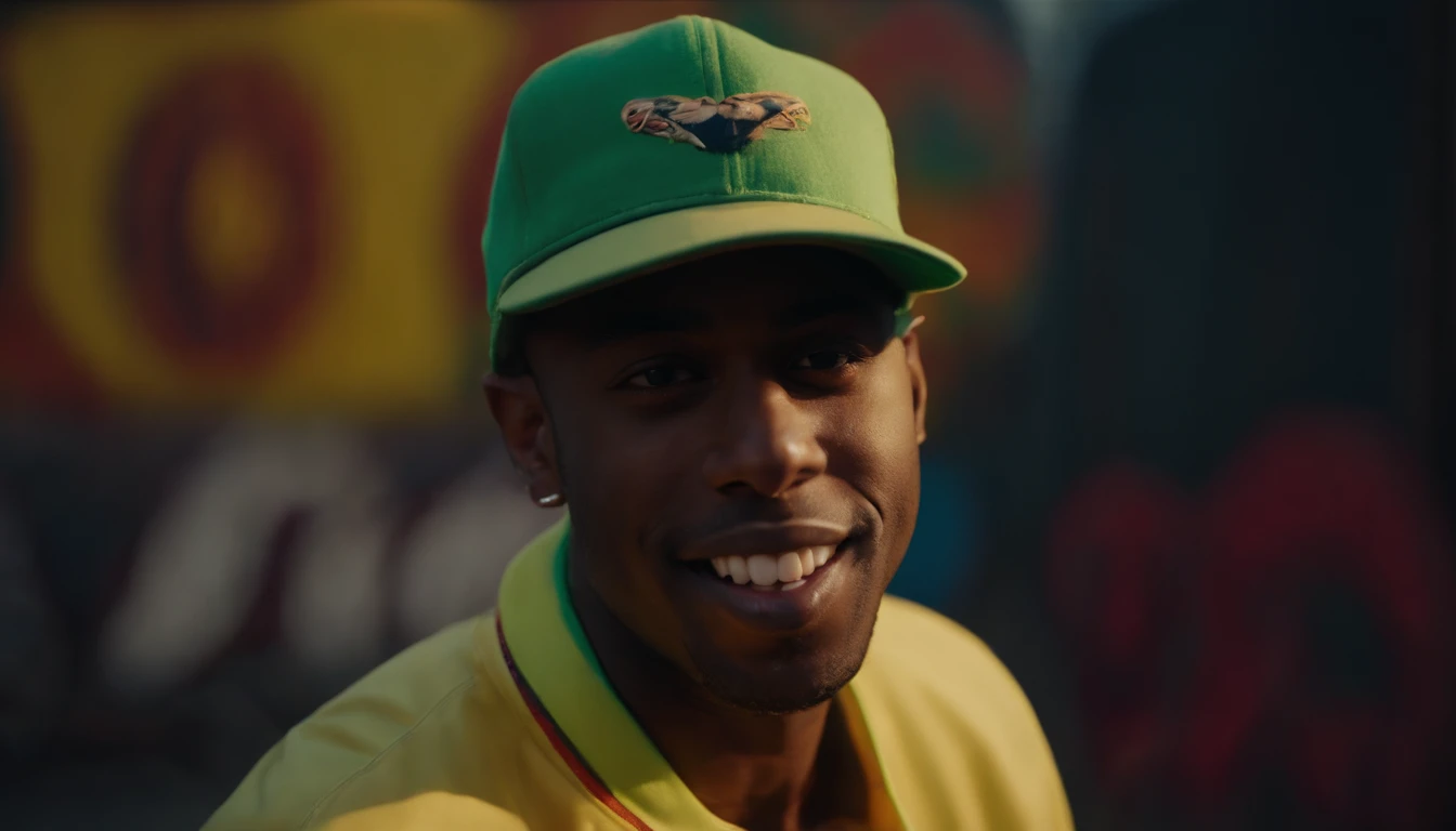 portrait of,((Tyler The Creator),realistic,photorealistic:1.37,(best quality,4k,8k,highres,masterpiece:1.2),vivid colors,(studio lighting),(musician,rapper,artist),(confident expression),(dark background),(tattoos),(fashionable),(bright smile),(sharp focus),(colorful atmosphere),(graffiti),(urban vibes),(creative),unique style