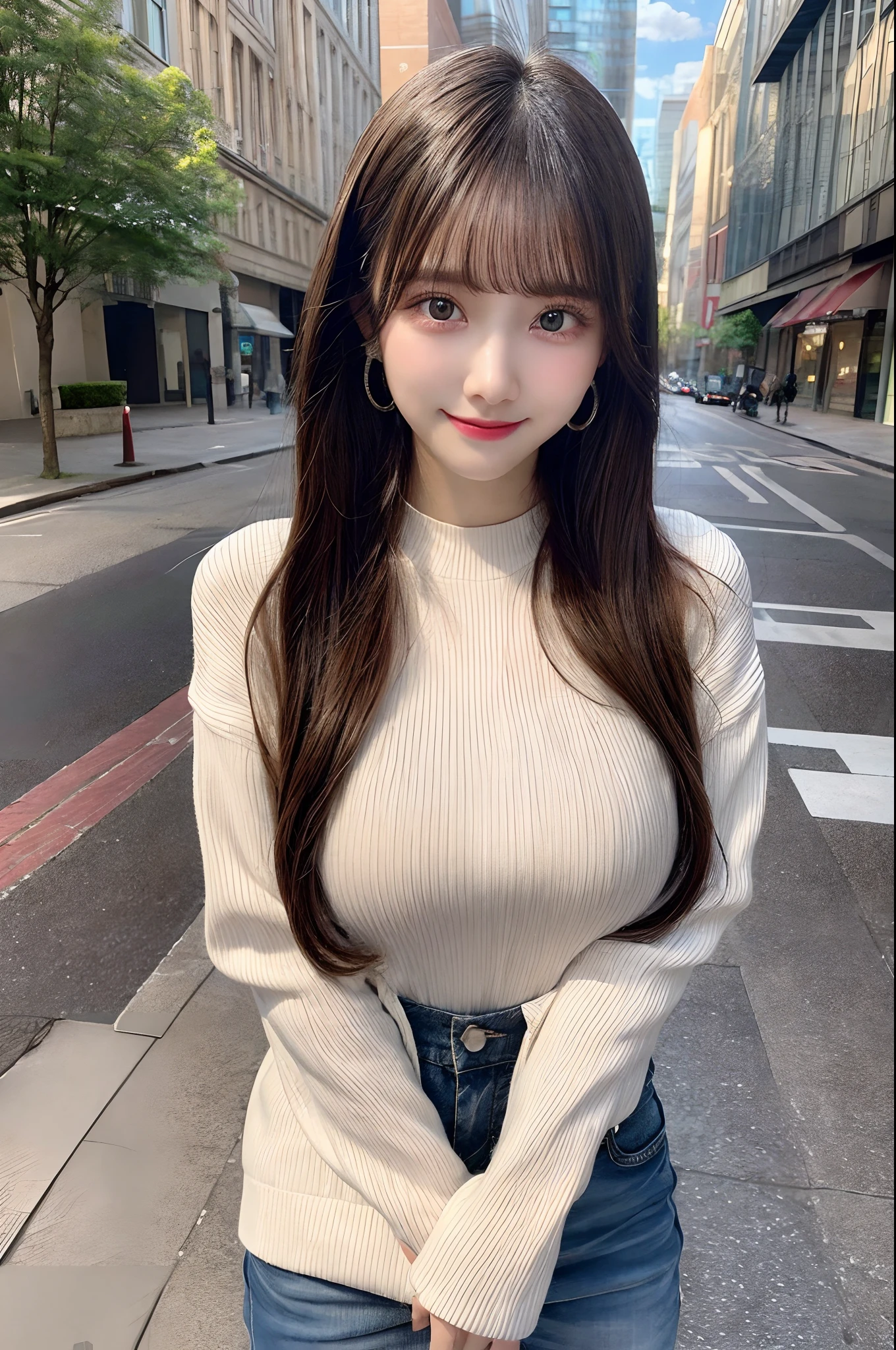 full body Esbian,Many piercings,bangss,top-quality,ultra-detailliert,masterpiece,realisitic,Photo Real,Bright lighting,1 girl in, (kawaii:1.2),Thin smile, (Brown eyes),(bangss),perfect glossy skin,flawless skin,large full breasts,((accurate hands without incongruity)), big breasts thin waist, Look at viewers,full body Esbian,knit,Skinny Jeans,Eye lashes,dual, girl,a baby face,Stir,