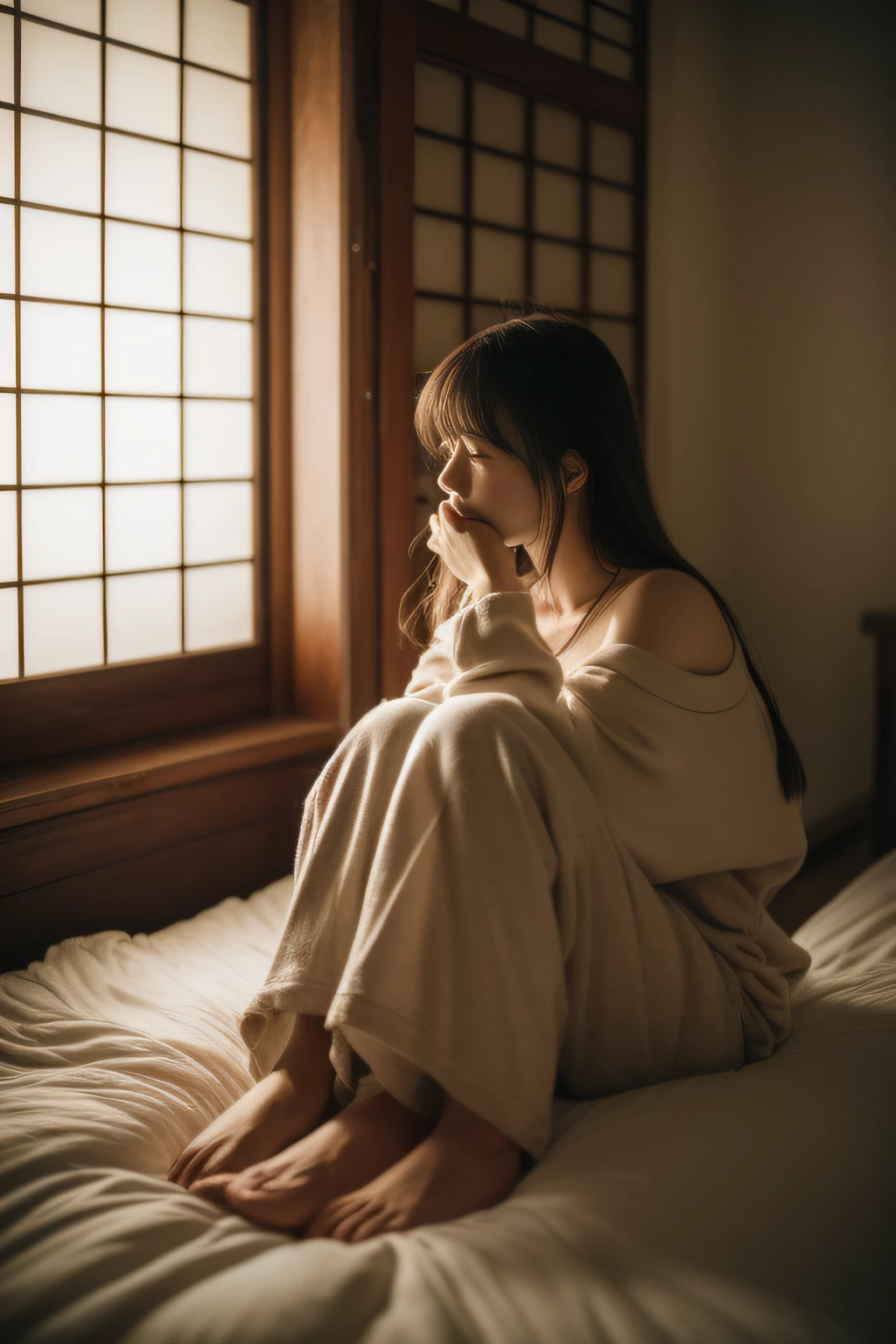 (masterpiece、high-level image quality、hightquality)、(A Japanese Lady、年轻、kawaii、Healthy body、pure),(Woman in anguish and despair、sad、lamentation)、Own room、Correct human structure、Cool breeze blowing outside、autumnal、Low light of the sun、Great Spirit、Lonely room、Everyday scenery、Black eyes、Dark hair、Model actress、Alone、Broken heart、tenderness、professional、