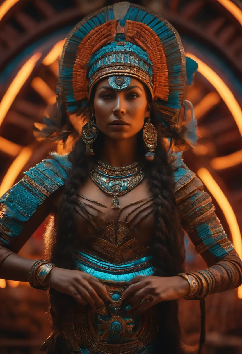 aztec empire, extreme close up, biopunk, 3d modeling, documentary photography, neon lights, futuristic, surreal photography, neolithic architecture, aztec outfit, indigenous, priestess --ar 16:9 --s 750 --v 5.2
