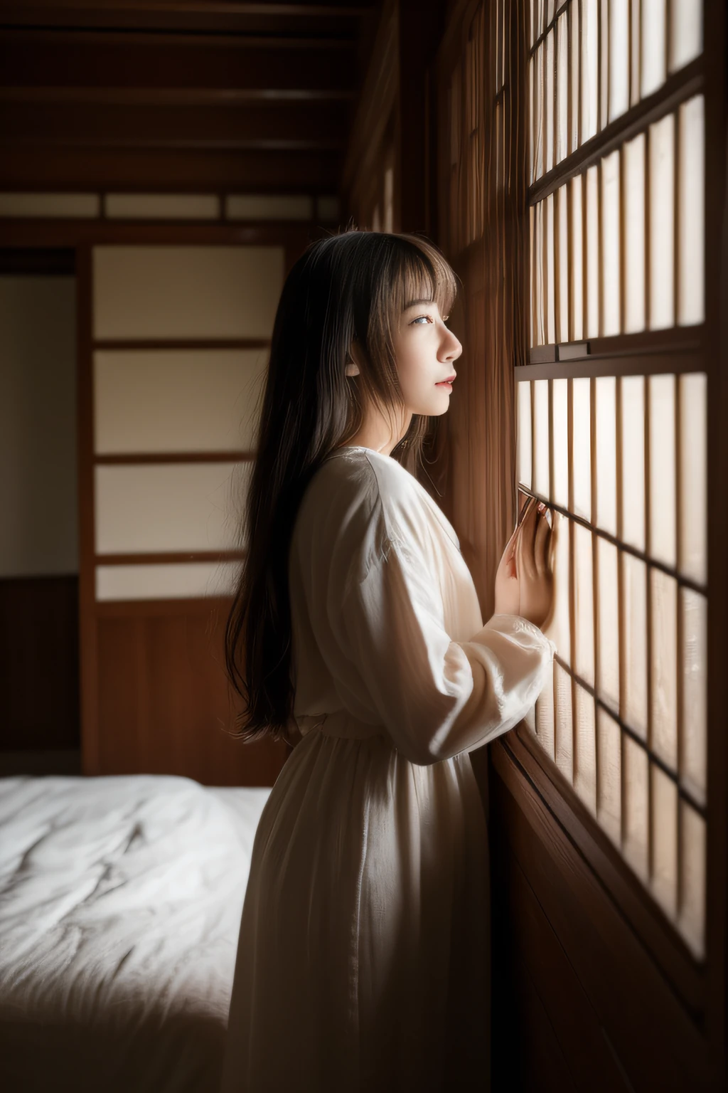 (​masterpiece、high-level image quality、hightquality)、(A Japanese Lady、年轻、kawaii、Healthy body、pure),(Woman in anguish and despair、sad、lamentation)、Own room、Correct human structure、Cool breeze blowing outside、autumnal、Low light of the sun、Great Spirit、Lonely room、Everyday scenery、Black eyes、Dark hair、Model actress、Alone、Broken heart、tenderness、professional、