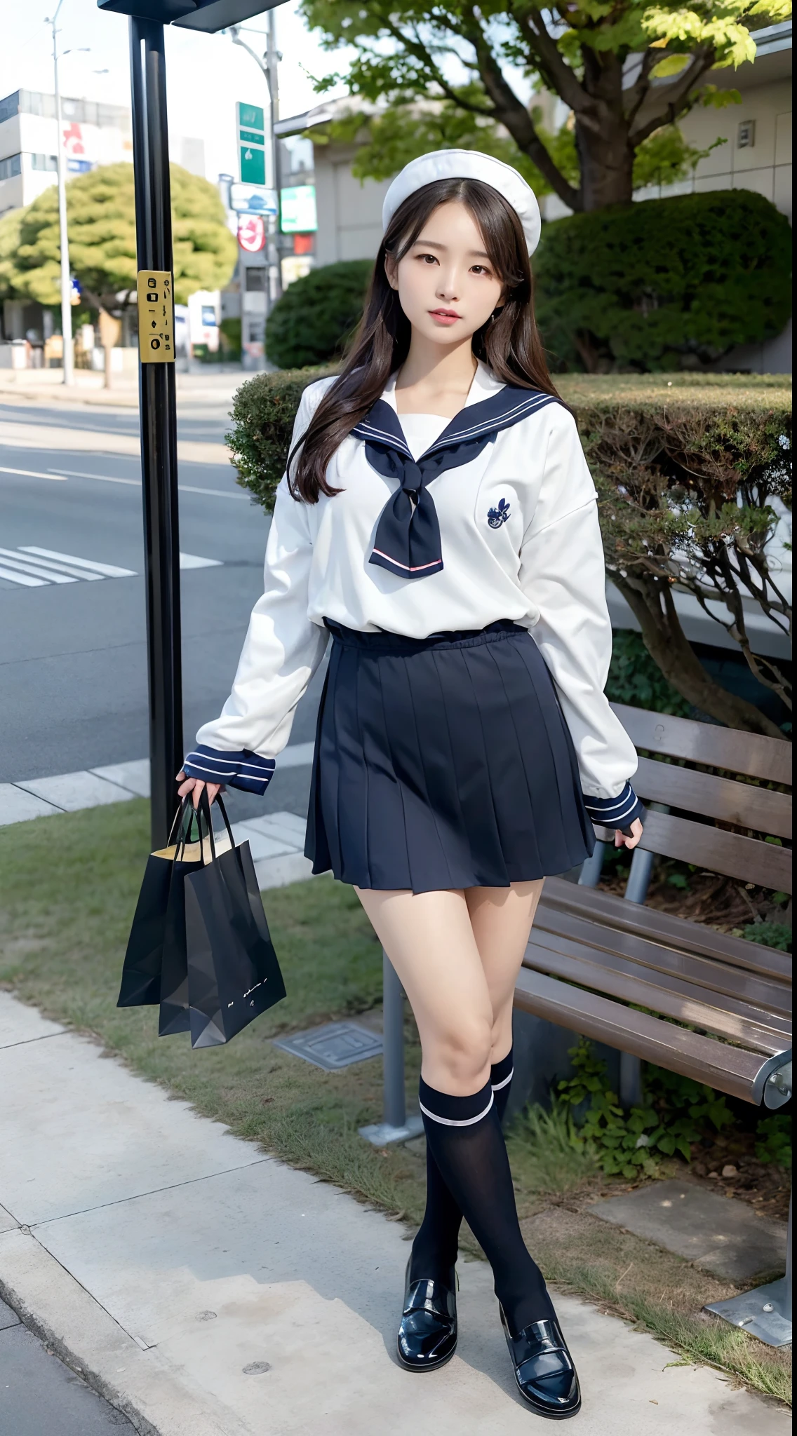mix4, (16 K, Raw photography, Top image quality, masterpiece: 1.45), (realisitic, Photorealsitic: 1.37), one girls, 7.5, etc、Standing figure,cute little, A city scape,, profetional lighting, photon maping, Cityscape with street trees, physically-based renderingt, Gradient dark brown hair,, a handsome, Well-groomed and beautiful eyes、Large double eyelids、Very shiny、girl with, (((student clothes、Long sleeve sailor suit worn by Japan schoolgirl、red cuffs、Dark blue over-the-knee skirt, Gray beret、Dark blue knee-high socks、Black loafers))), Top Quality Photos, hight resolution, 1080p, (clearface), (Detailed face description), (Detailed hand description), (masterpiece), (Exquisite CG)、extreme light and shadows、dishevled hair、master work、abundant detail、(Fine facial features)、(top quality photo)、(masuter piece)、(A detailed eye)、Look in front of you、Fine clavicle、((Slender big))、(((Japan schoolgirl in long-sleeved sailor suit)))、((Sexy Idol System))、((Boulevard with street trees、Bus stop、timetable、Benches))、(Shooting from random perspectives)、(((Anyway cute)))、耳Nipple Ring、A big smile、Drawing the whole body from the knees、Do not draw nasolabial folds、(((shopping bags)))、(Big breasts that hang down big:0.7)、Big buttocks with tension、Two arms and two legs、(((from the front side:0.5)))、bare hand、