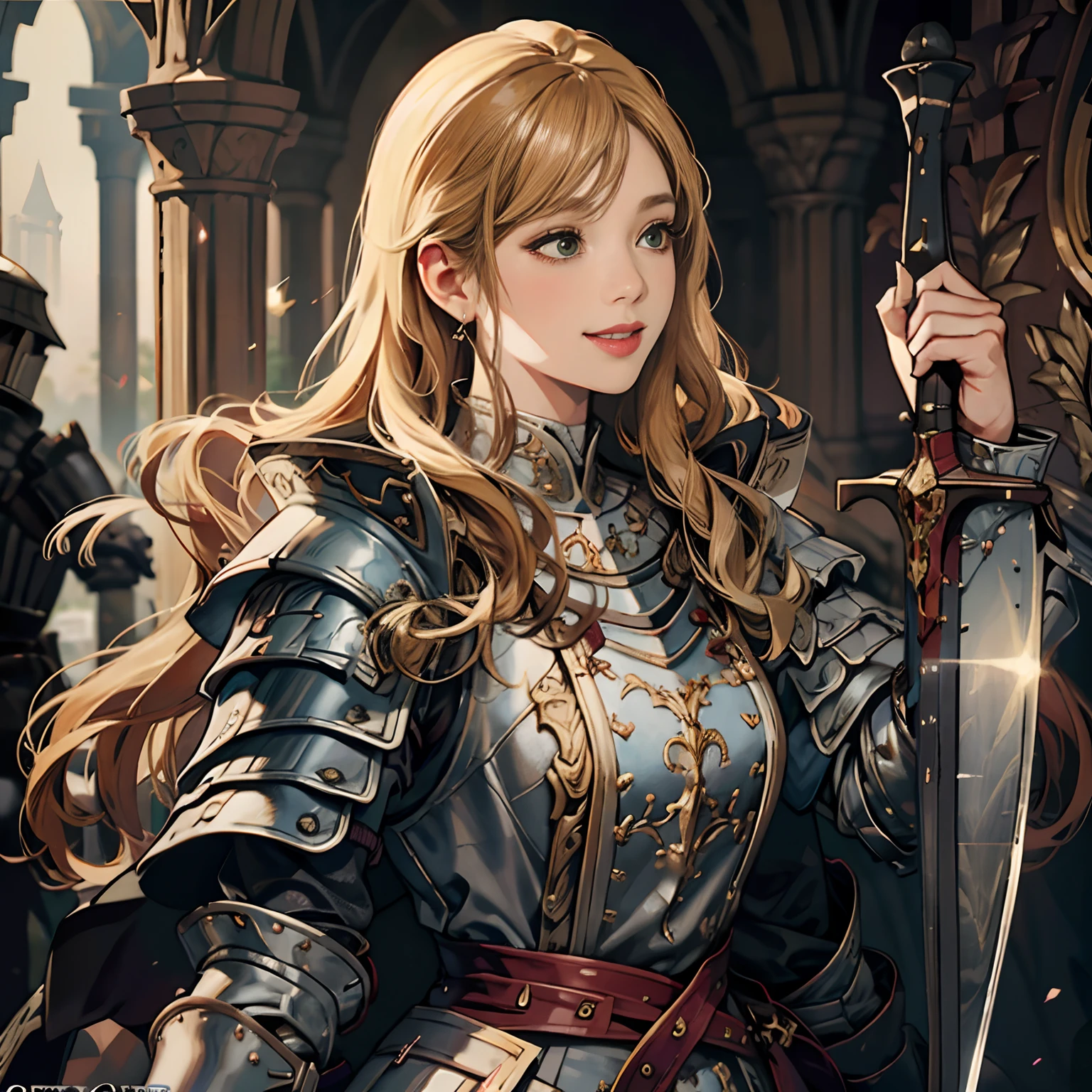 Women in Their 20s、fantasy worlds、offcial art, unity 8k wall paper, ultra-detailliert, beautifly、Aesthetic, masterpiece, top-quality, Photorealsitic、detailed costume、depth of fields, Fantastic atmosphere, Calm palette, tranquil mood, Soft shading、plump figure、Soft skin、large full breasts、Happy smile、Woman knight:1.5、Female knight、Dark green eyes、a blond、Has a very large sword and shield、Don't let the guy in:2.0、There is no man:2.0、Women、claymore