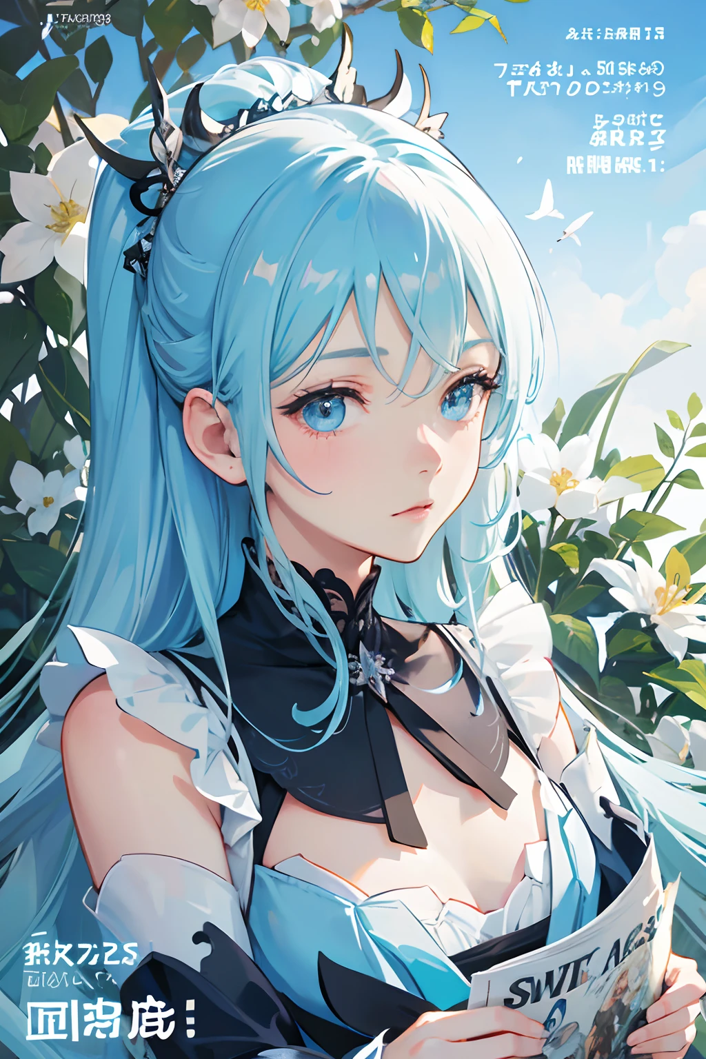 (masuter piece,Best Quality,Ultra-detailed), (A detailed face), 1girl in, (front-facing view), Light blue hair, Blue eyes, Floral hair ornament, flat-chest,(Beautiful Detail Eye: 1.1), (Detailed hand), (Detail light: 1.1), Film Light, Skin type, (looking at the viewers), (magazine:1.3), (cover-style:1.3),a closeup,portlate,Vivid tones,majutsu